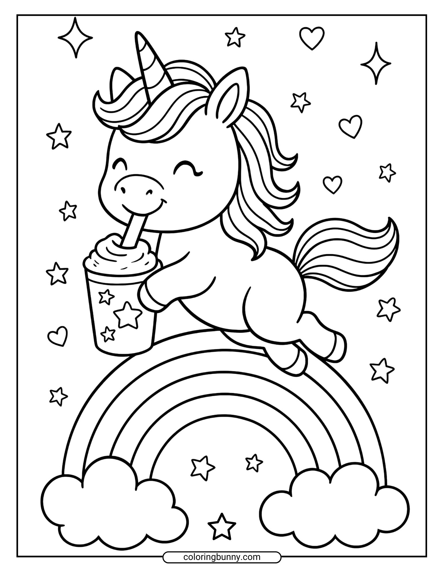 Black and white coloring page showing a baby unicorn flying over a rainbow while drinking from a star-decorated cup, with hearts and stars all around.