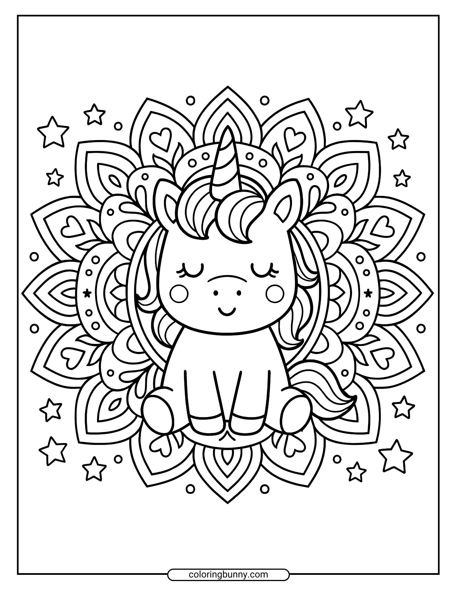 A calm baby unicorn sits in front of an intricate heart and petal mandala in this unicorn cake coloring page. Stars are scattered around, making it a relaxing and cute design for coloring lovers.