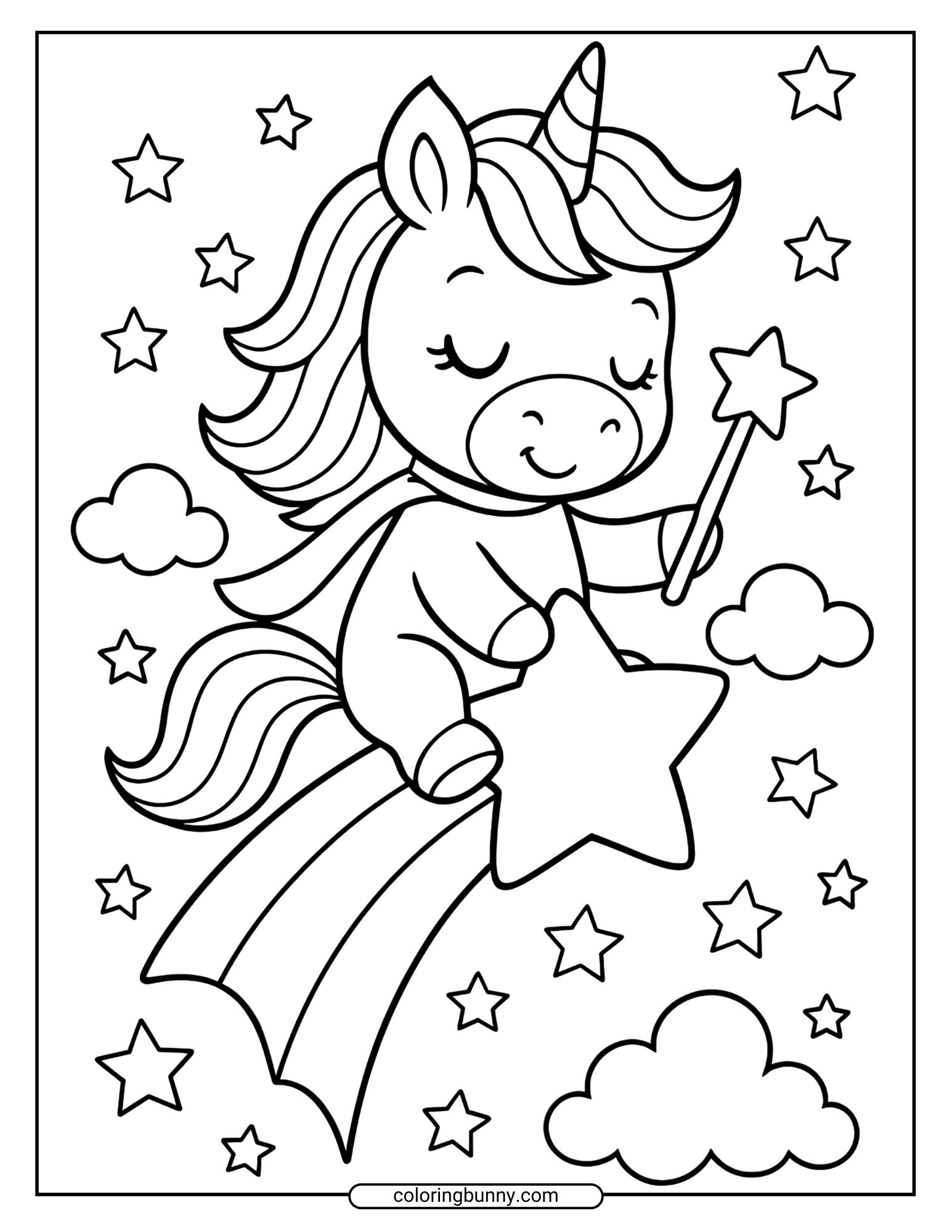 Black and white coloring page of a smiling baby unicorn holding a star wand, riding a large star with a rainbow trail among clouds and stars.