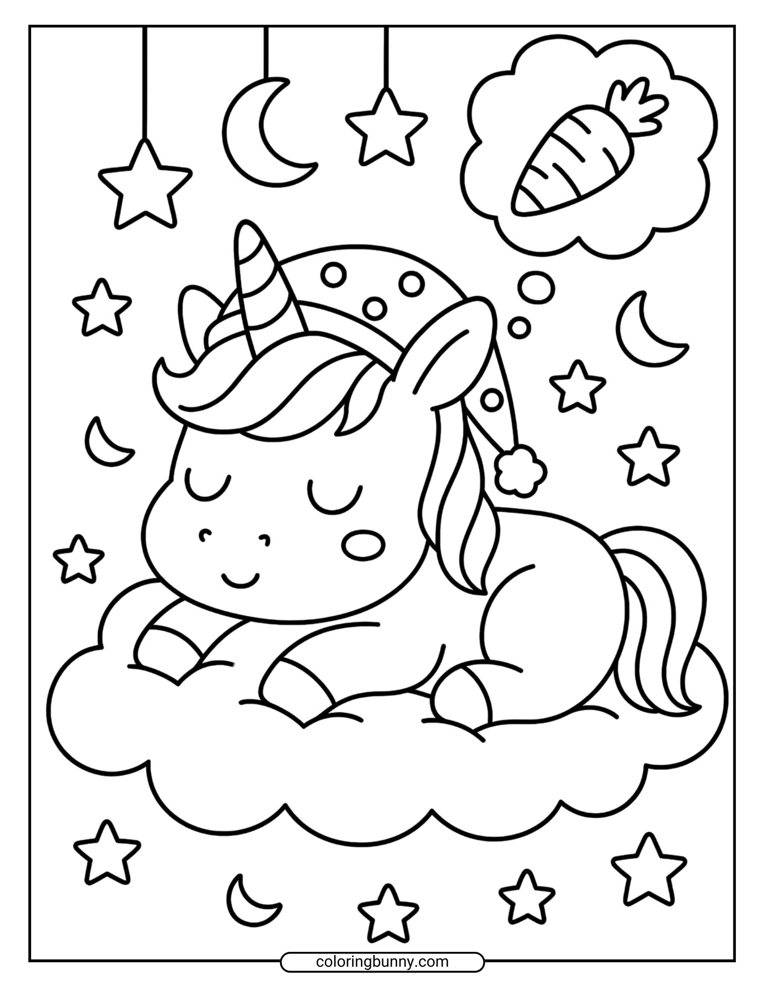 This baby unicorn coloring sheet shows a sleeping unicorn wearing a nightcap, curled up on a soft cloud. Surrounded by hanging moons, stars, and a thought bubble of a carrot, it’s a sweet and silly bedtime scene to color.