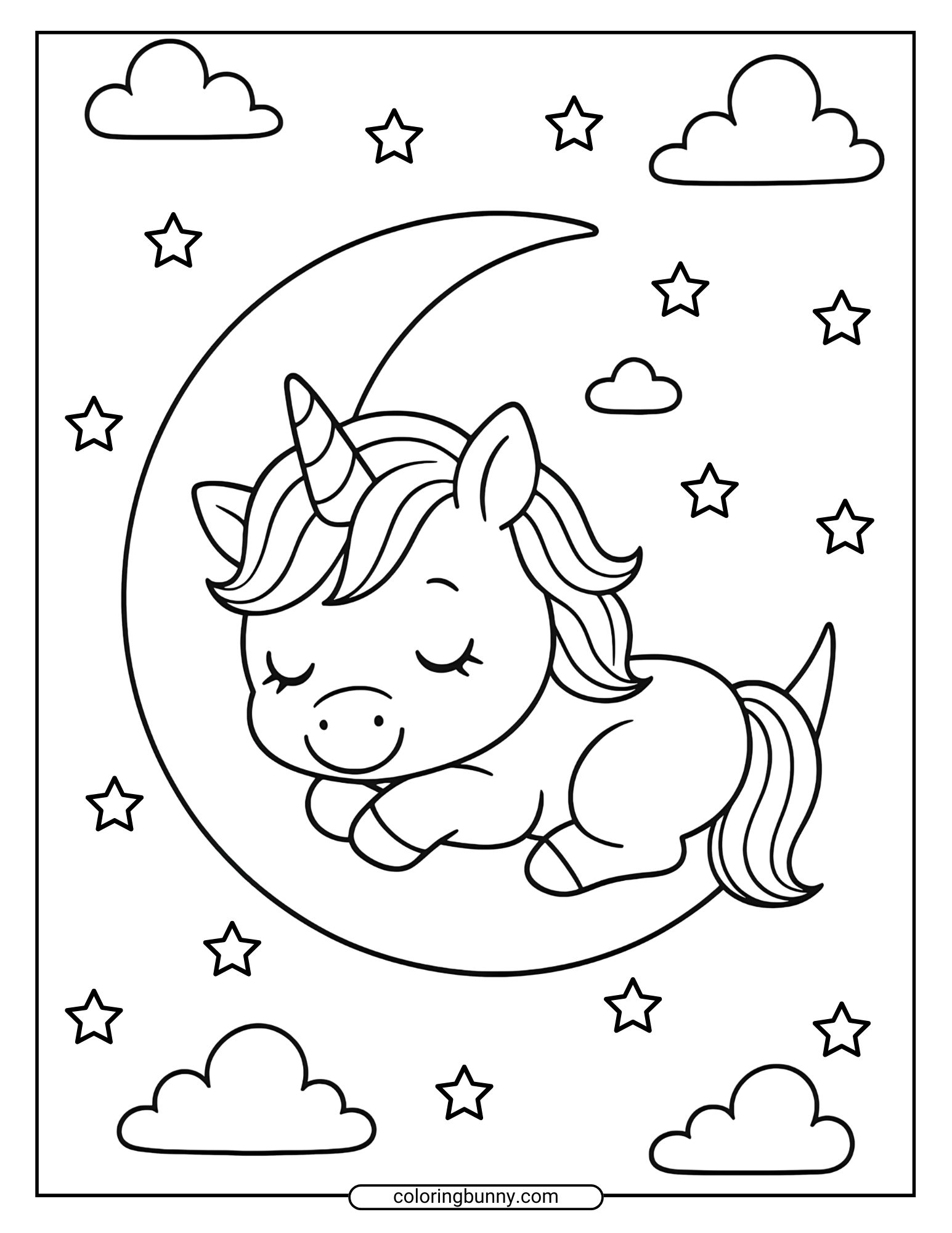 A baby unicorn sleeps soundly on a crescent moon in this coloring page, surrounded by fluffy clouds and a scattering of stars. A dreamy night sky scene that’s soothing and magical to color.