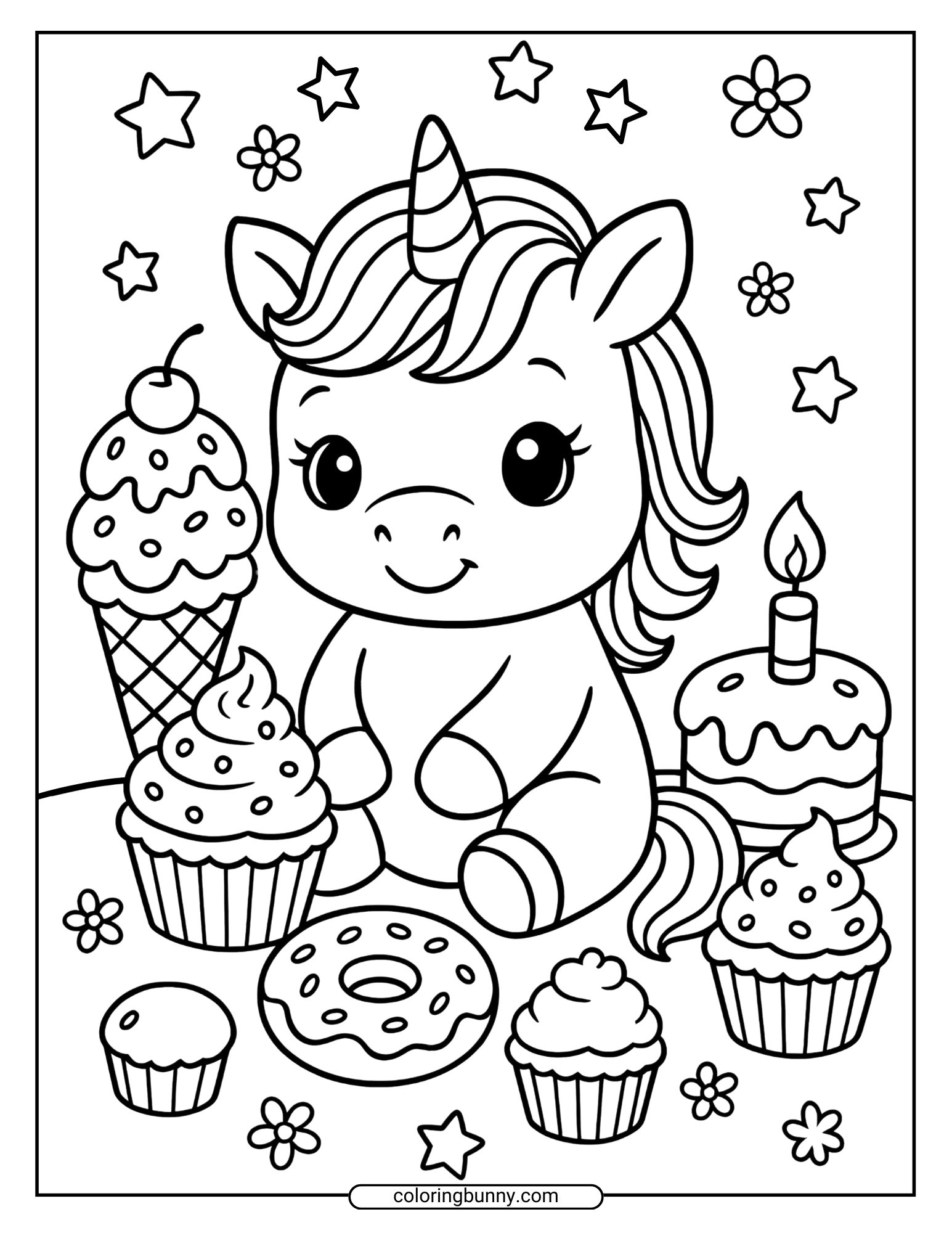 Coloring page of a baby unicorn sitting among cupcakes, donuts, ice cream, and cake, with stars and flowers decorating the background.