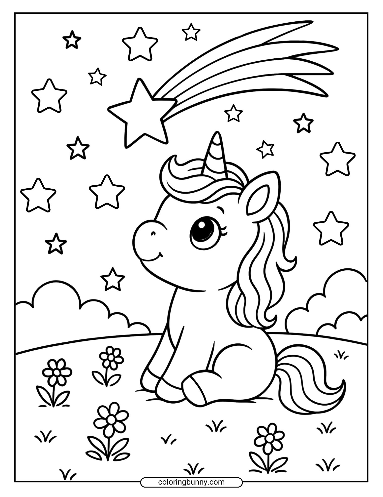A baby unicorn coloring page featuring a unicorn sitting on the grass with flowers, looking up at a shooting star among clouds and stars.