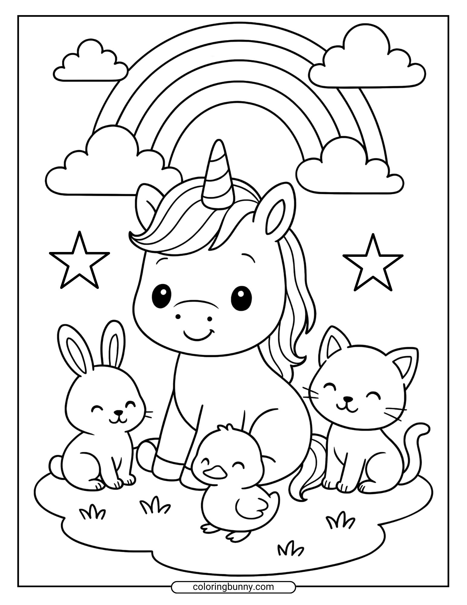 This coloring page features a friendly baby unicorn sitting with three adorable animal friends—a bunny, a duck, and a kitten. Behind them is a bright rainbow with fluffy clouds, making it a warm and welcoming scene to color.