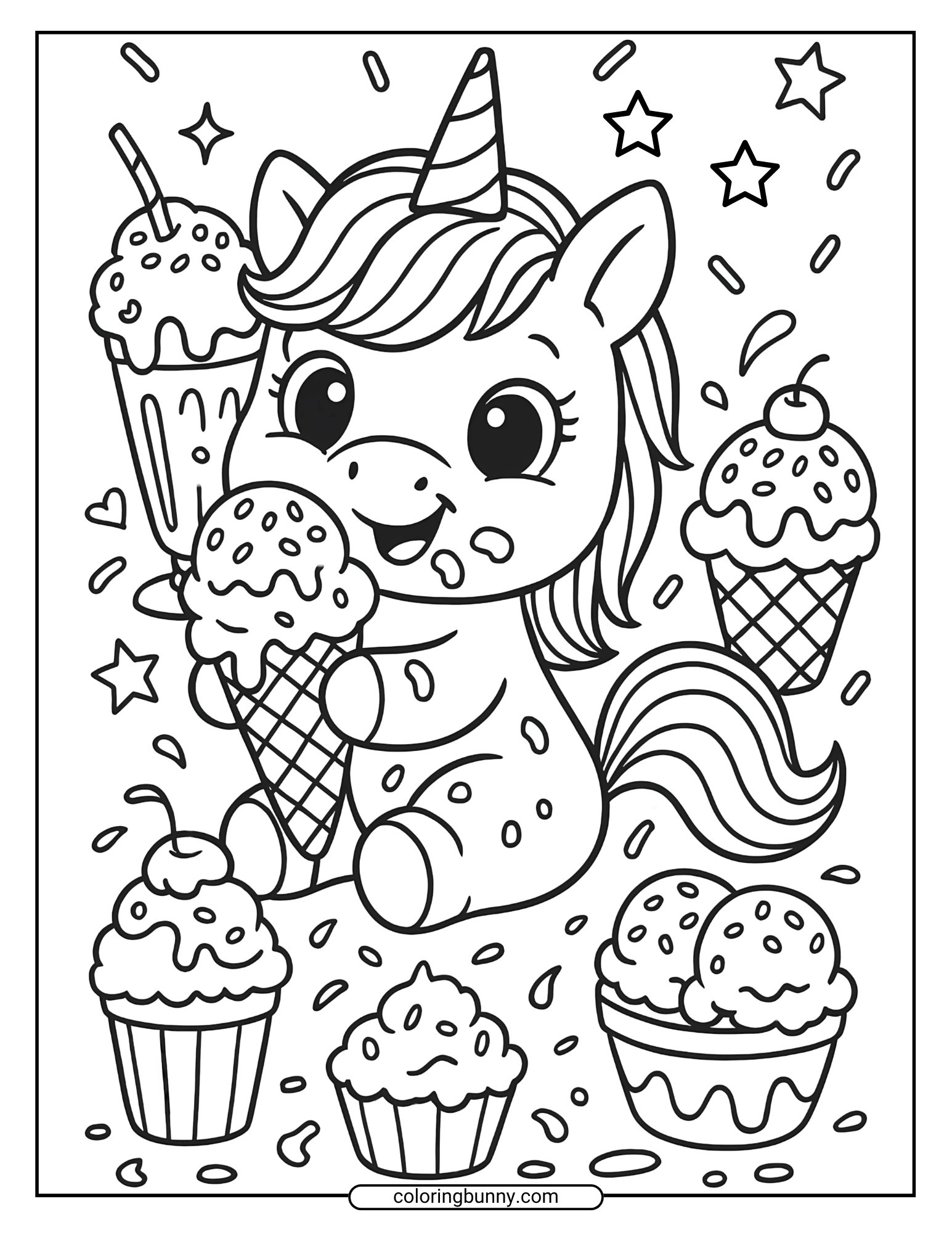 Baby unicorn coloring page with a unicorn holding a big ice cream cone, surrounded by cupcakes, ice cream sundaes, and sprinkles.