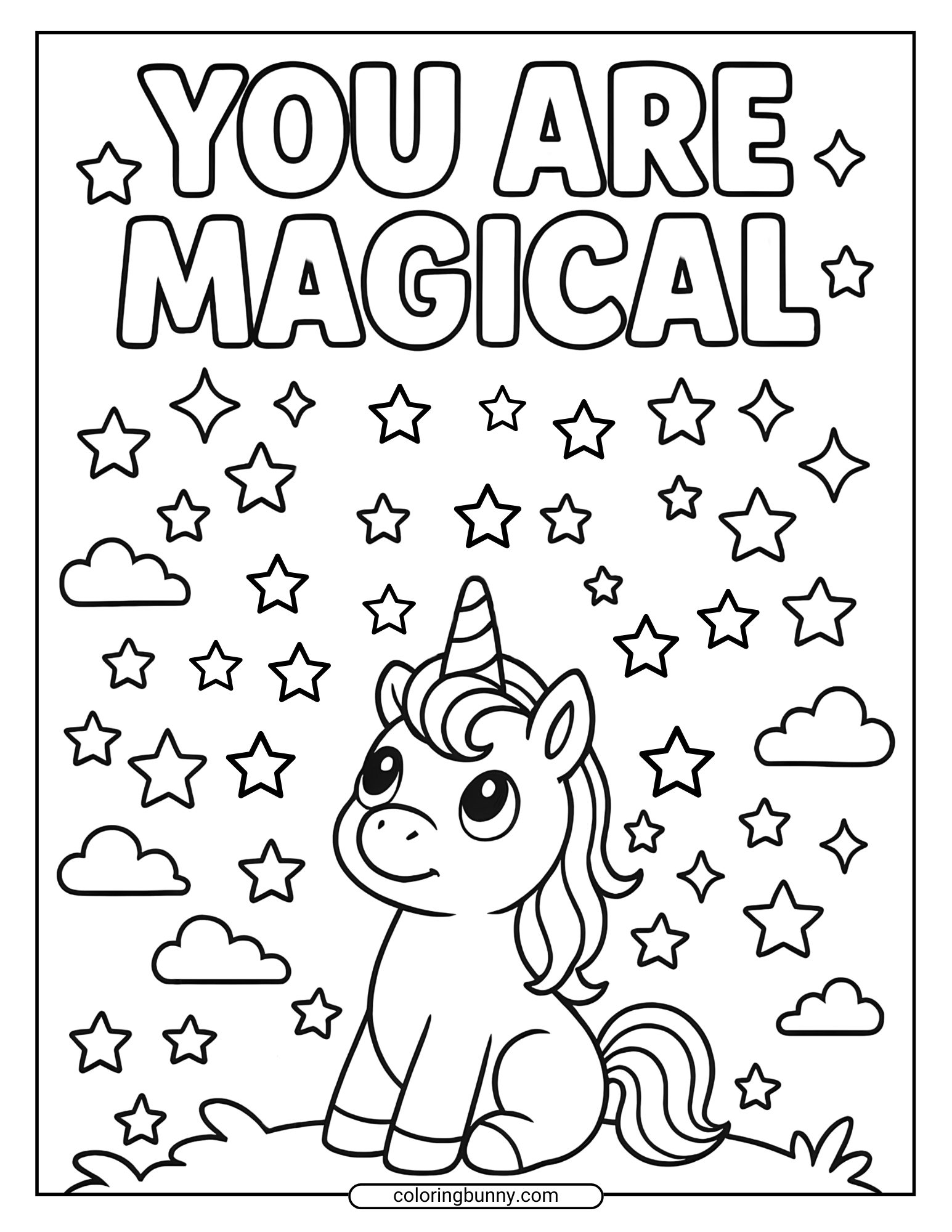 This unicorn coloring page features a baby unicorn sitting under fluffy clouds with twinkling stars and the phrase “You Are Magical” above. Perfect for kids who love whimsical unicorn cupcake coloring page designs, it’s surrounded by fun details to fill with color.