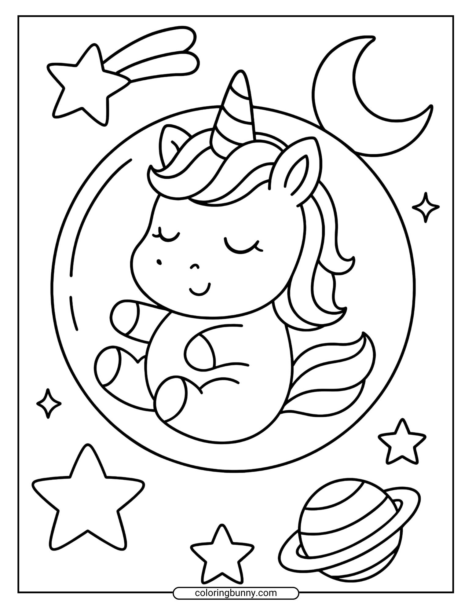 A free printable baby unicorn coloring page showing a sleepy unicorn floating in space with a crescent moon, a shooting star, and a ringed planet in the background.
