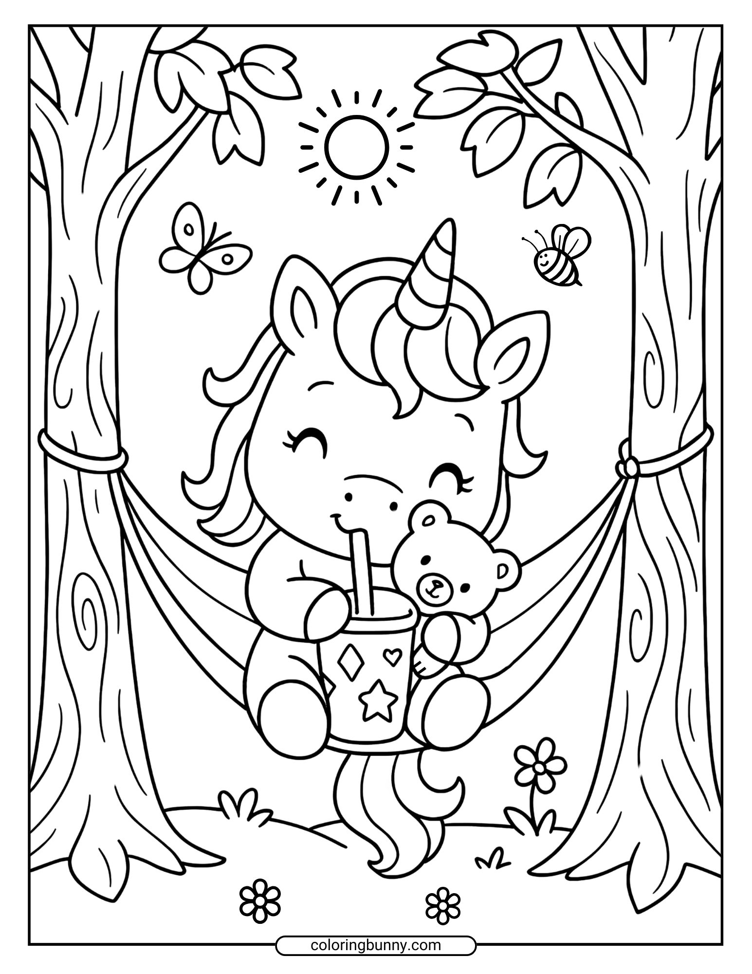 Baby unicorn coloring sheet showing a baby unicorn in a hammock with a teddy bear and a drink, surrounded by trees, flowers, a bee, and sunshine.