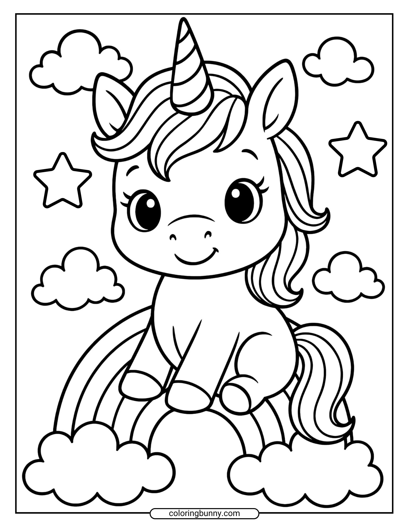 Baby unicorn coloring page shows a joyful unicorn sitting proudly on a colorful rainbow with clouds below and stars above. A happy, sky-high scene that’s perfect for cheerful coloring fun.