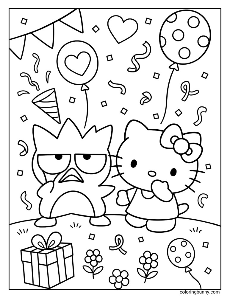 Sanrio coloring page of Badtz-Maru pulling a silly face to make Hello Kitty laugh at a cheerful birthday celebration with balloons, flowers, and party decorations.