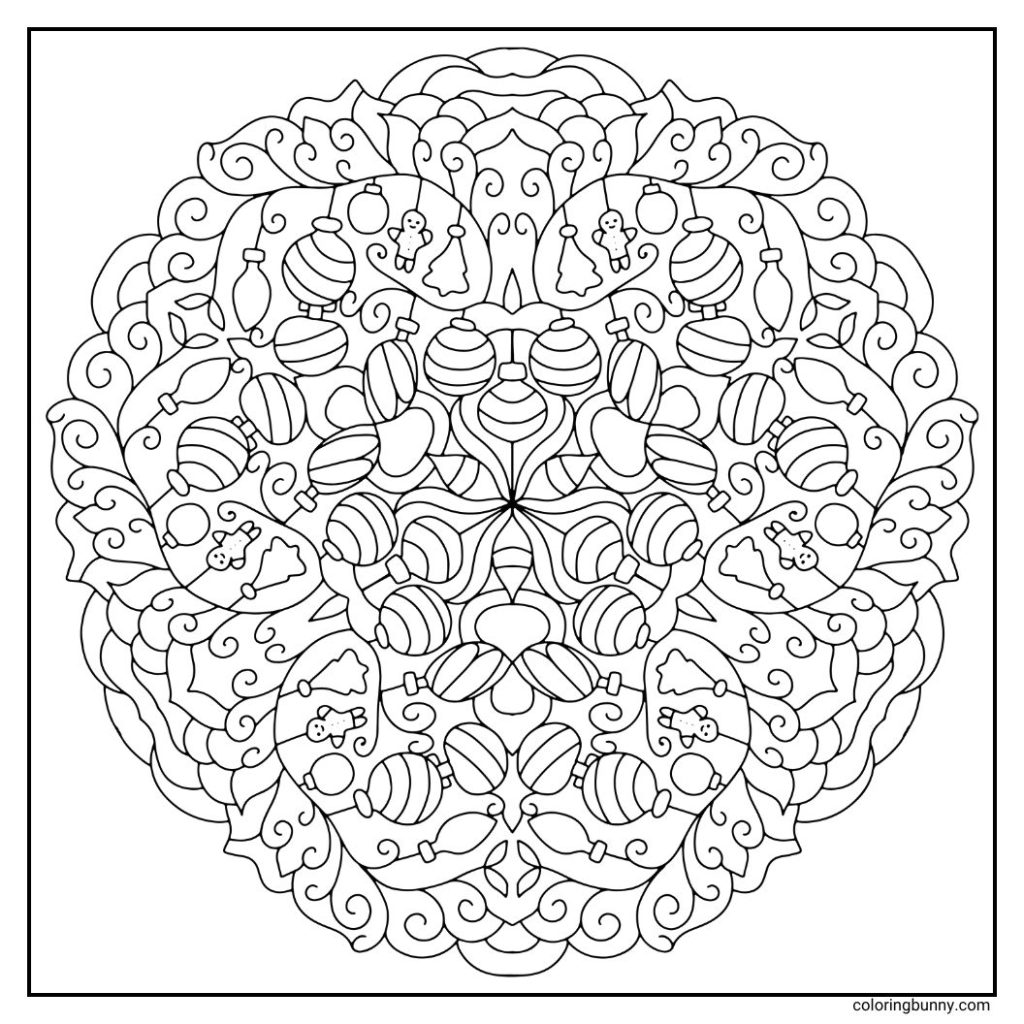 A hand-drawn Christmas mandala coloring page featuring festive baubles, hanging gingerbread men, and intricate Christmas tree ornaments, all arranged in a beautifully balanced circular design perfect for holiday coloring.