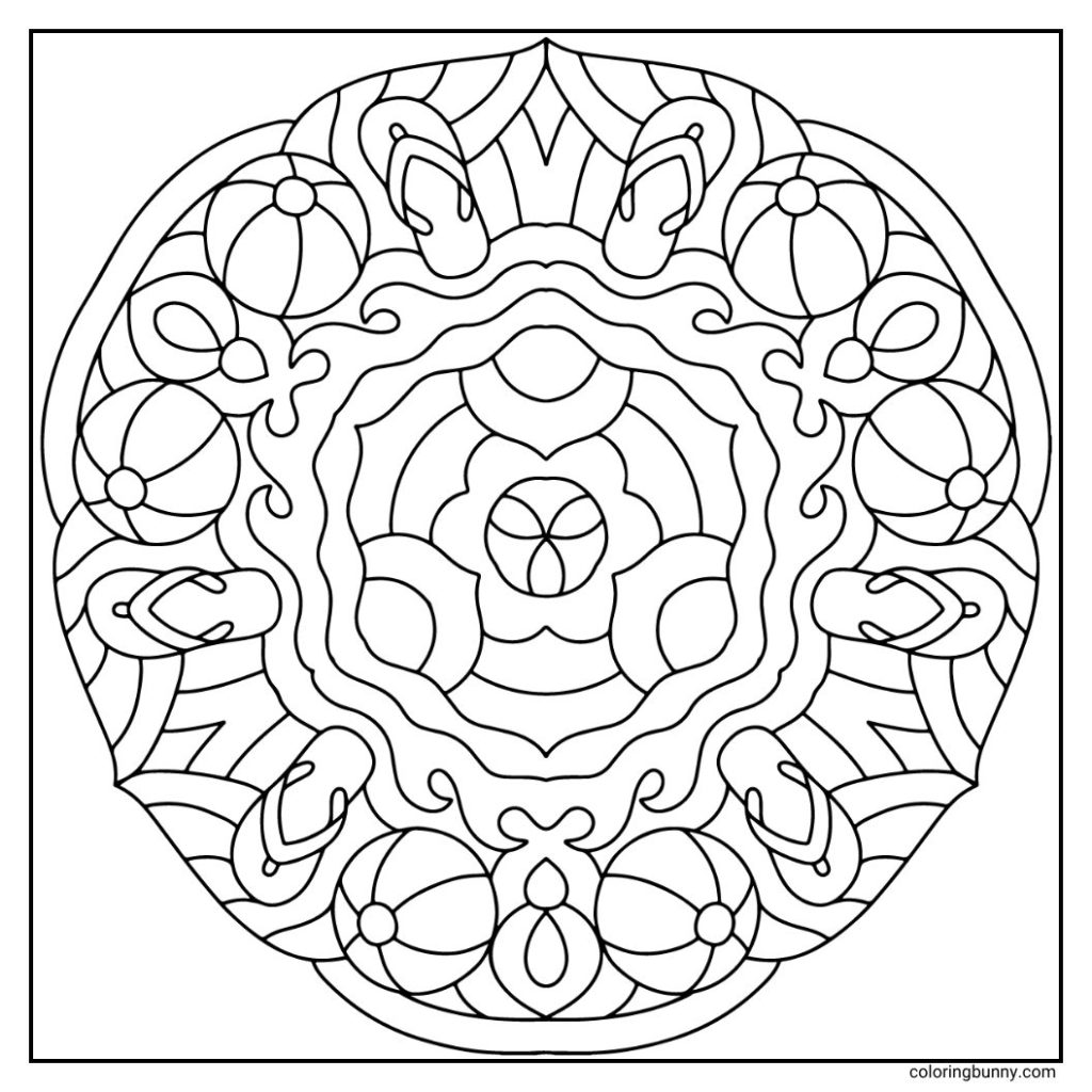 A hand-drawn summer mandala coloring page featuring playful beach balls and flip flops, surrounded by swirling, wave-like patterns. Perfect for adding bursts of bright, cheerful colors to capture sunny seaside vibes.