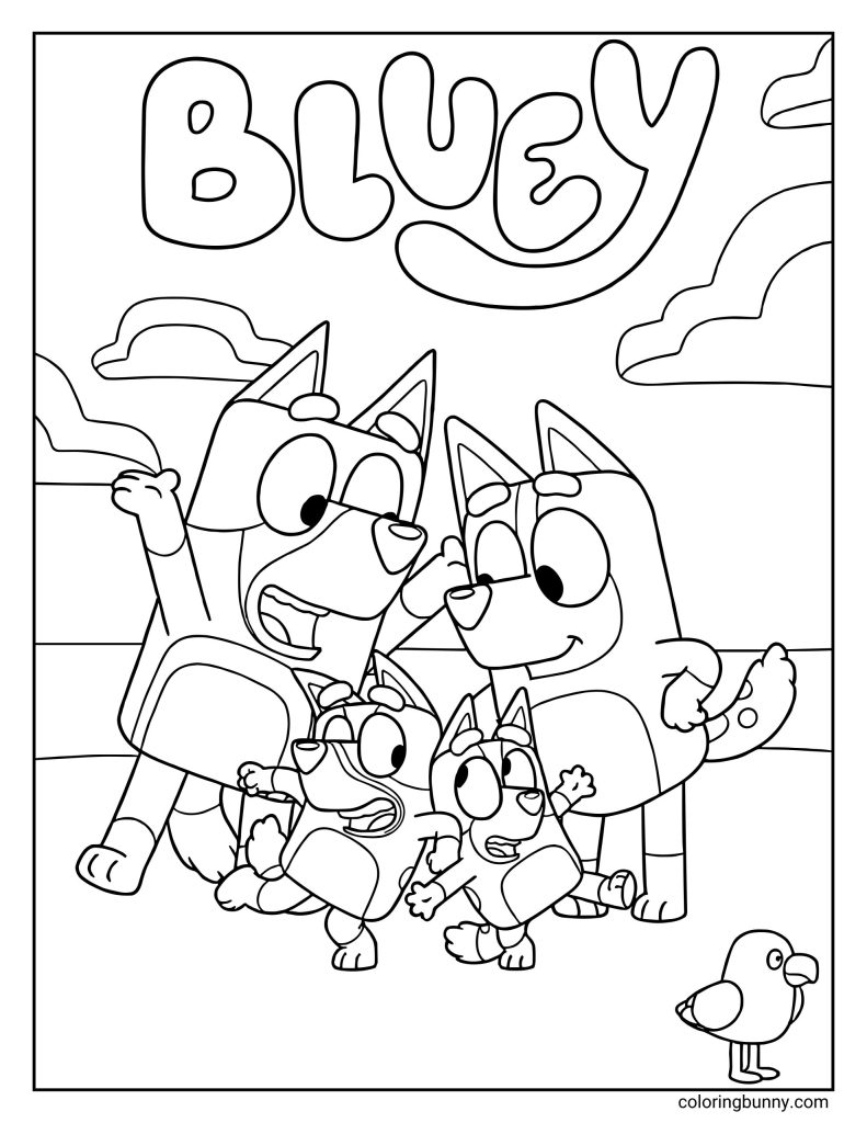 A Bluey coloring page featuring Bluey and Bingo playing excitedly at the beach with their parents Bandit and Chilli, the word “Bluey” written in large bubble letters across the sky with fluffy clouds, a sandy shoreline in the background, and a small seagull standing nearby.