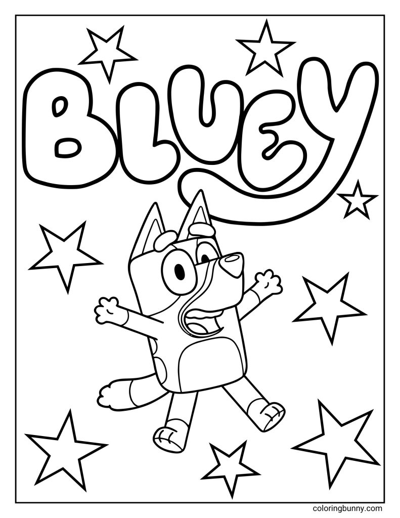 A Bluey coloring page featuring the word “Bluey” written in large, playful bubble letters across the top, surrounded by stars, with Bluey jumping excitedly below, arms stretched wide and a big smile on her face.