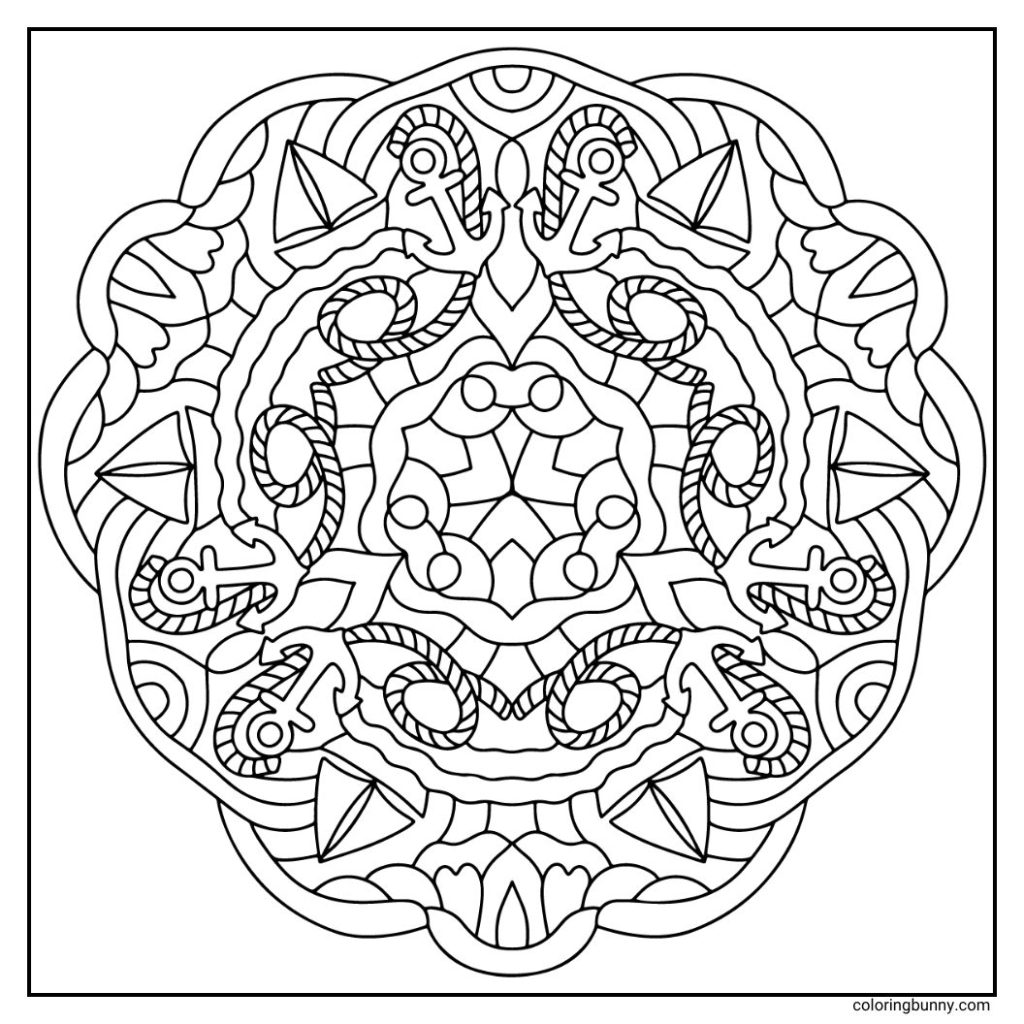 A hand-drawn nautical-themed mandala coloring page featuring boats, anchors, and coiled ropes, all woven together with ornate patterns. Perfect for capturing the spirit of seaside adventures and maritime charm in your coloring.