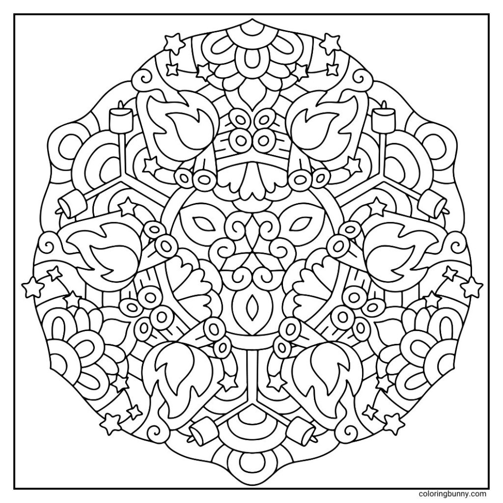 A hand-drawn fall mandala coloring page featuring campfire flames, logs, and marshmallows on sticks arranged in a warm, circular symmetry. The cozy design evokes evenings spent by the fire under the stars, making it a perfect coloring page for fall adventures.