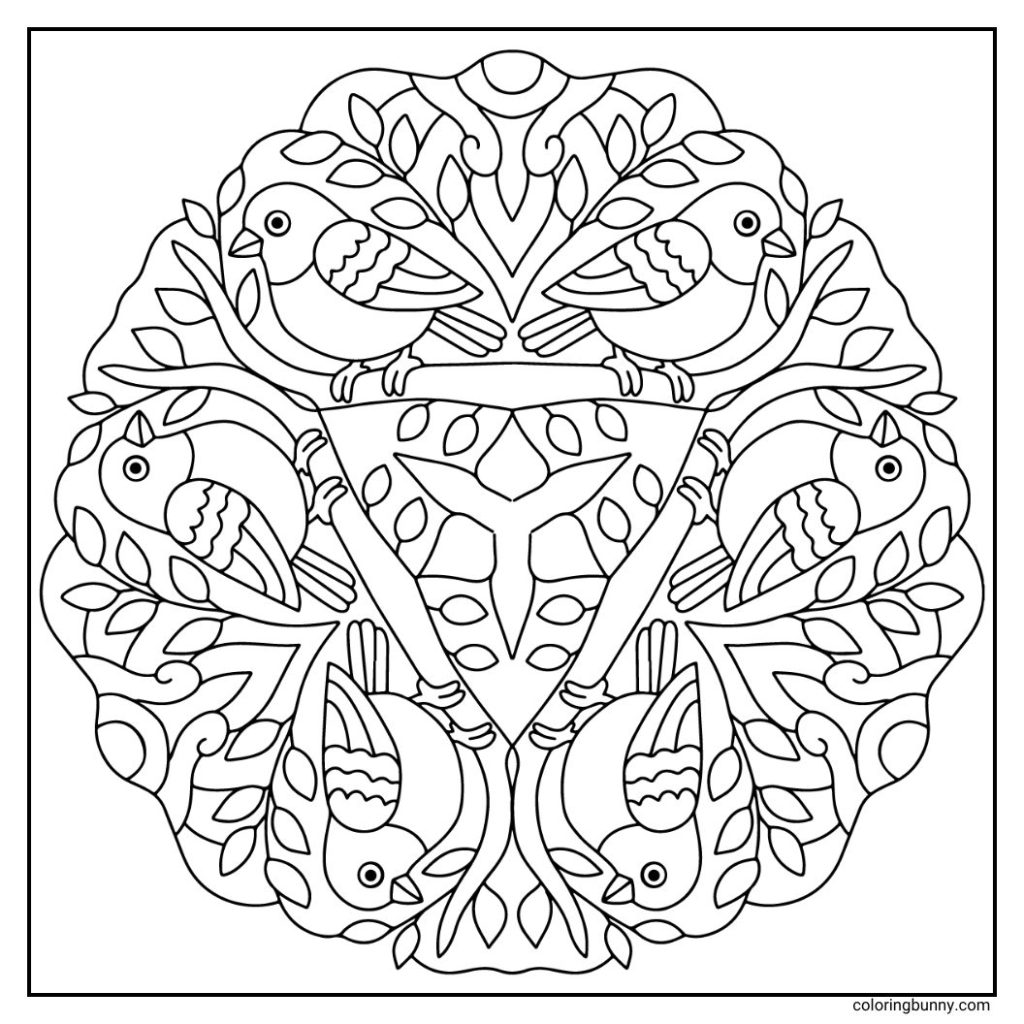 A lively hand-drawn animal mandala coloring page featuring birds perched in a harmonious circular arrangement. Each bird is surrounded by leaves that capture a sense of joyful melody. A delightful design perfect for vibrant springtime coloring.