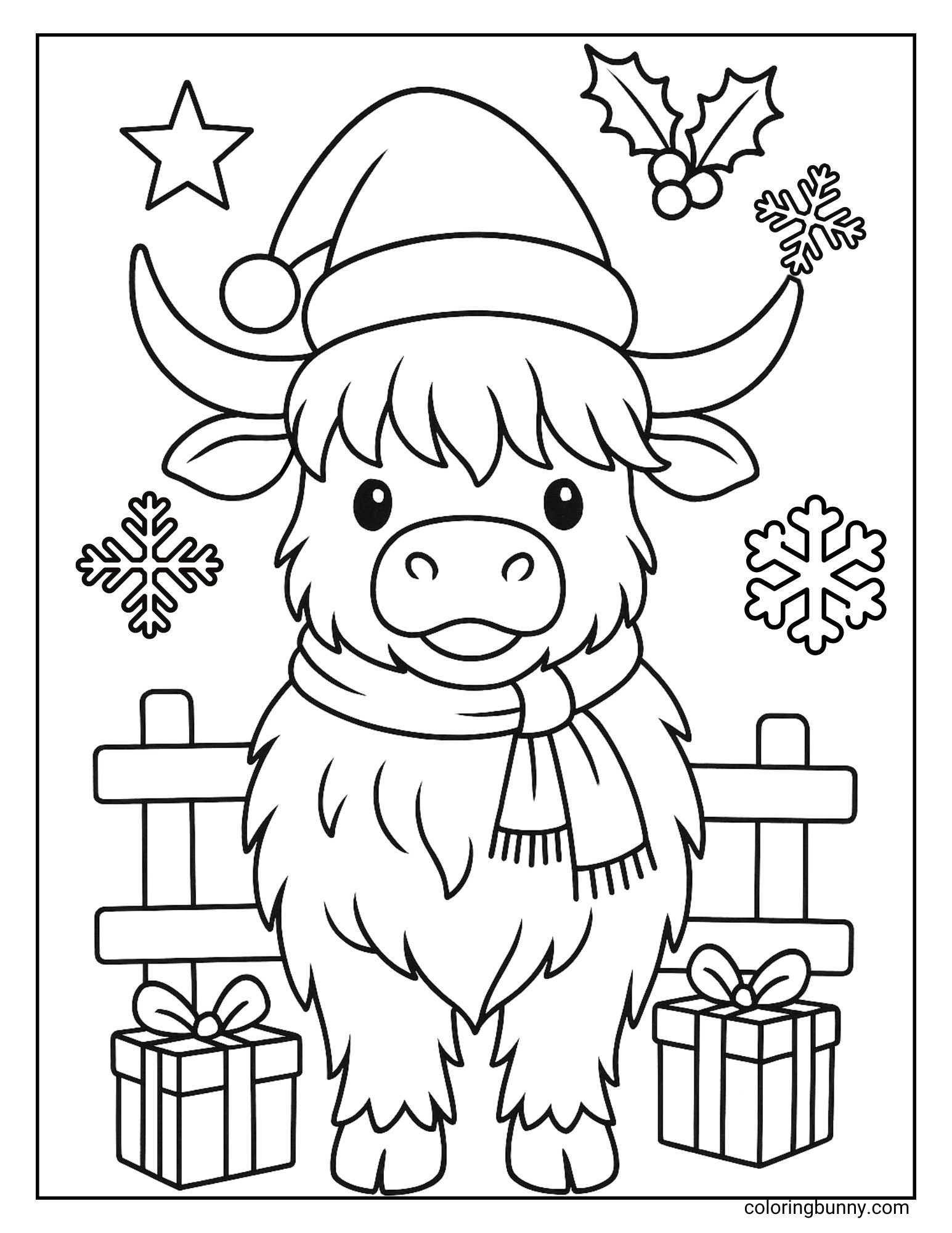 Black and white coloring page of a Highland cow in a Santa hat and scarf with Christmas gifts, stars, and snowflakes.