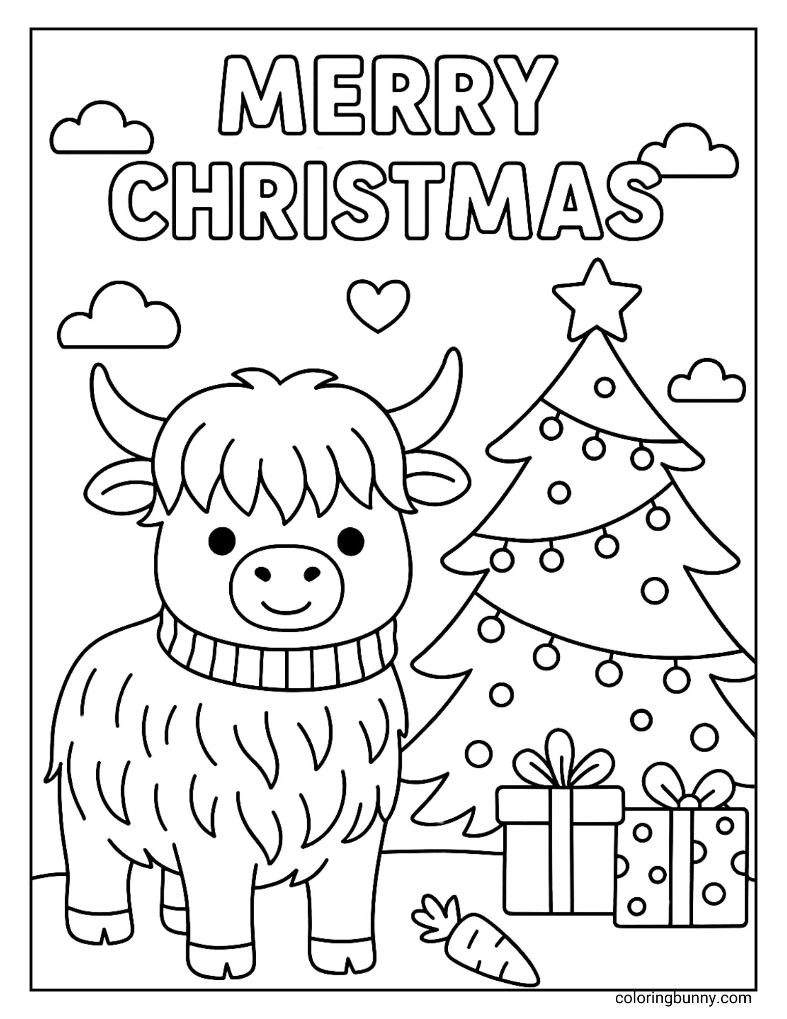 Highland cow Christmas coloring page with a tree, gifts, and "Merry Christmas" text