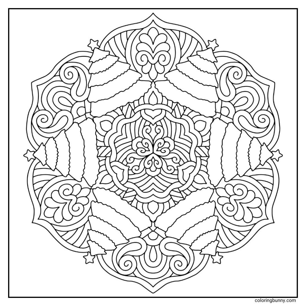 A hand-drawn Christmas mandala coloring page featuring layered Christmas trees topped with shining stars, surrounded and filled with ornate royal patterns for a festive and elegant holiday design.