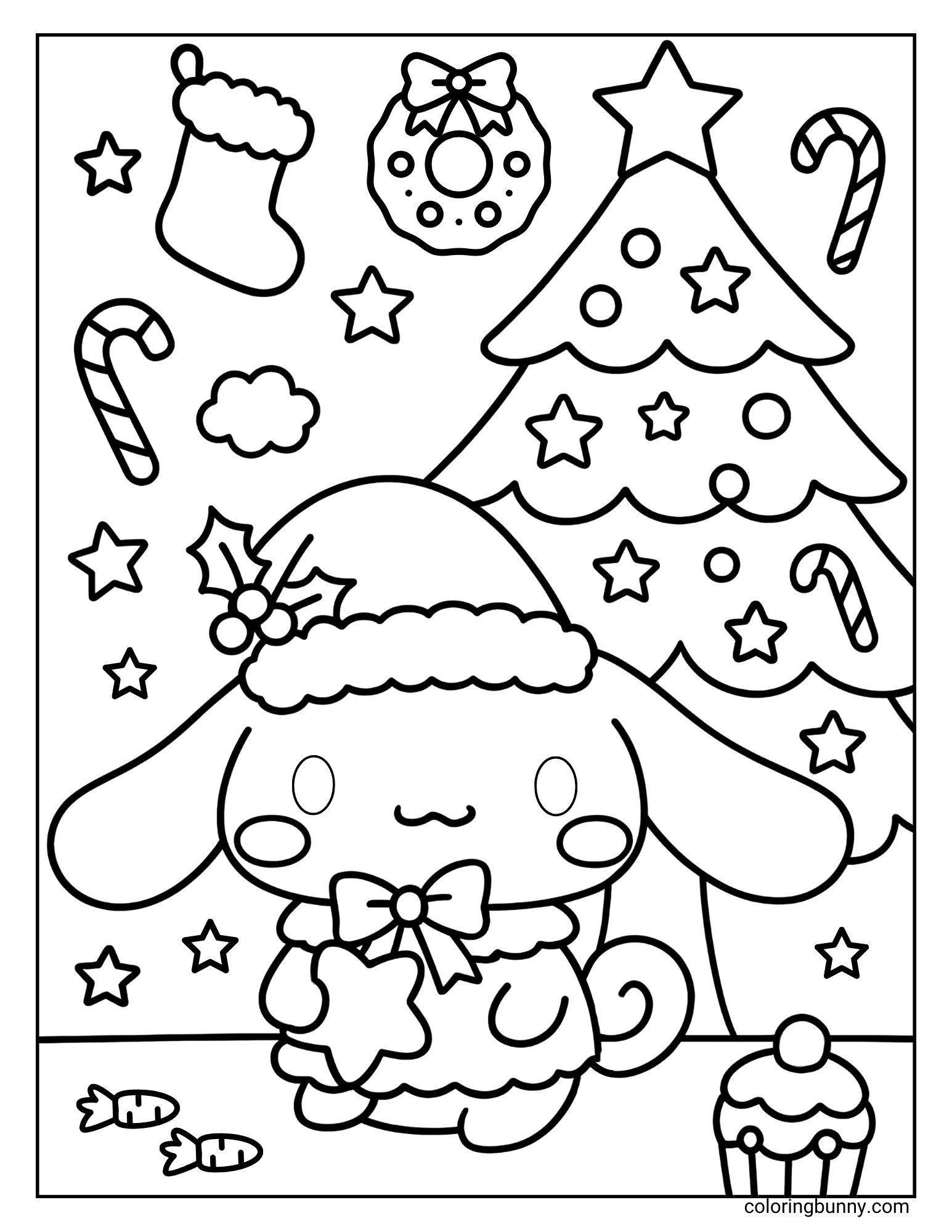 Christmas coloring sheet of Cinnamoroll dressed as Santa with a tree, stockings, and candy canes.