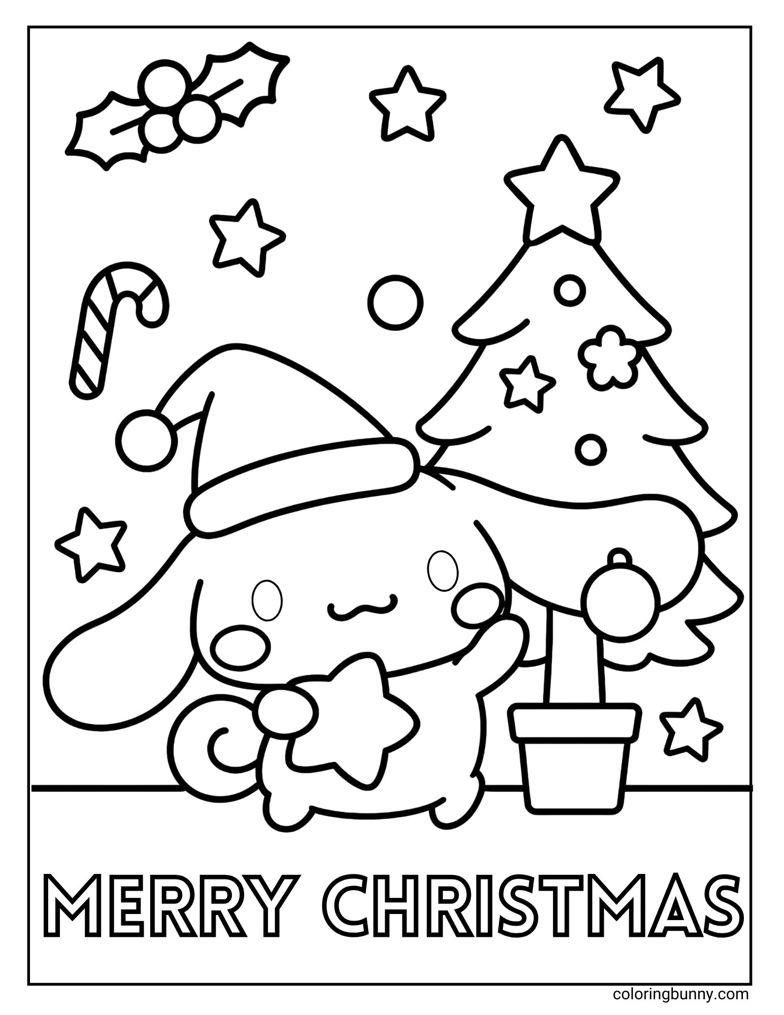 Christmas Sanrio coloring page of Cinnamoroll dressed in a Santa hat, holding a star, with a Christmas tree, stocking, candy canes, and stars around him.