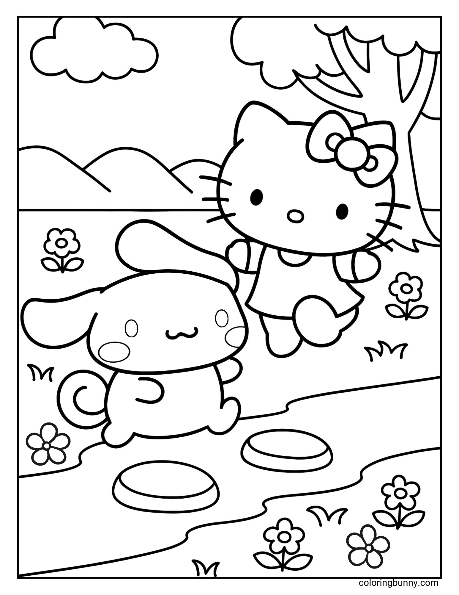 Coloring page featuring Hello Kitty and Cinnamoroll walking across a river on stepping stones.