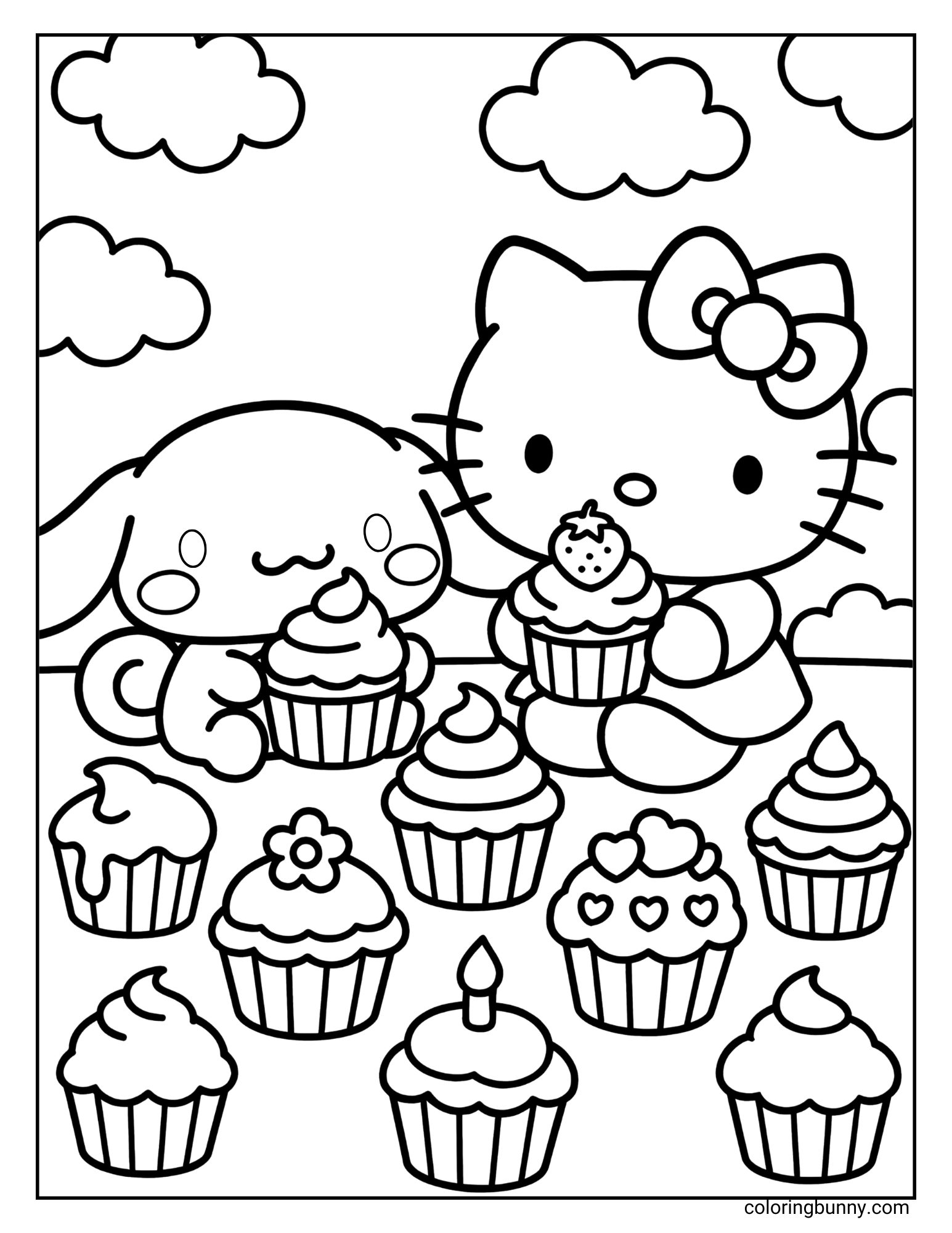 Coloring page featuring Hello Kitty and Cinnamoroll enjoying a lot of delicious cupcakes.