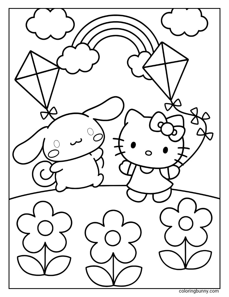 Coloring page featuring Cinnamoroll and Hello Kitty together, each holding a kite string. A rainbow arches between clouds in the sky, and large flowers are in the foreground.