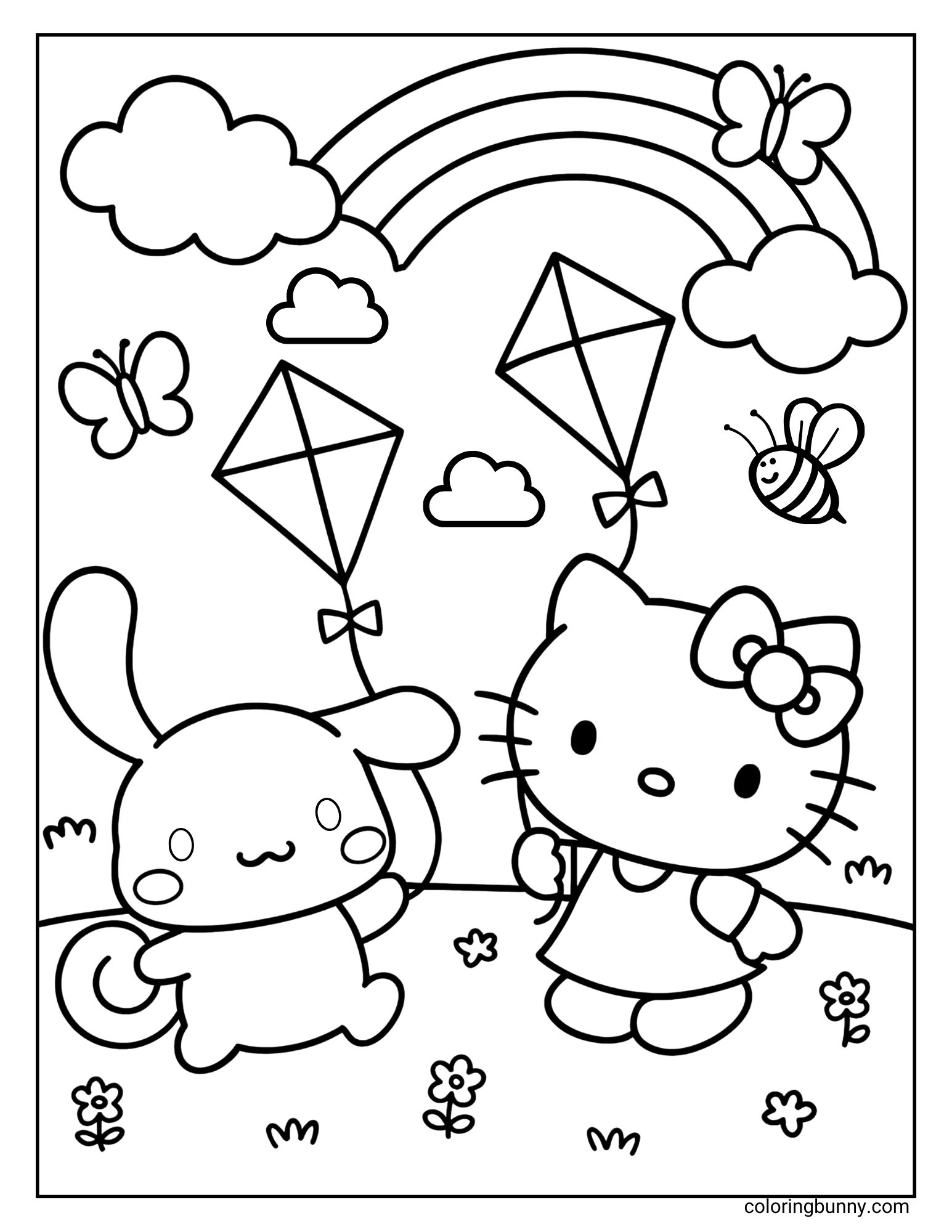 Cinnamoroll coloring page of Cinnamoroll and Hello Kitty flying kites in a grassy field with flowers, a rainbow in the background, and butterflies and a bee adding to the cheerful springtime scene.