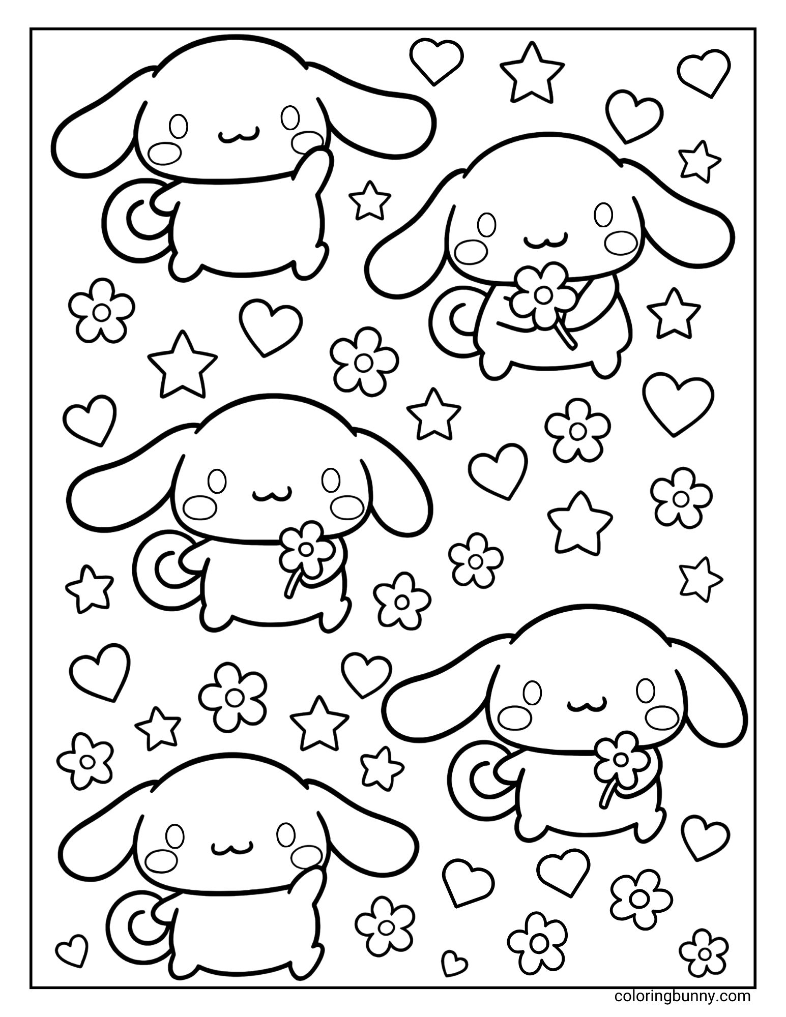 Coloring page featuring multiple Cinnamoroll characters in playful poses, some holding flowers, surrounded by a cheerful background of stars, hearts, and blossoms, creating a lively and cute scene.