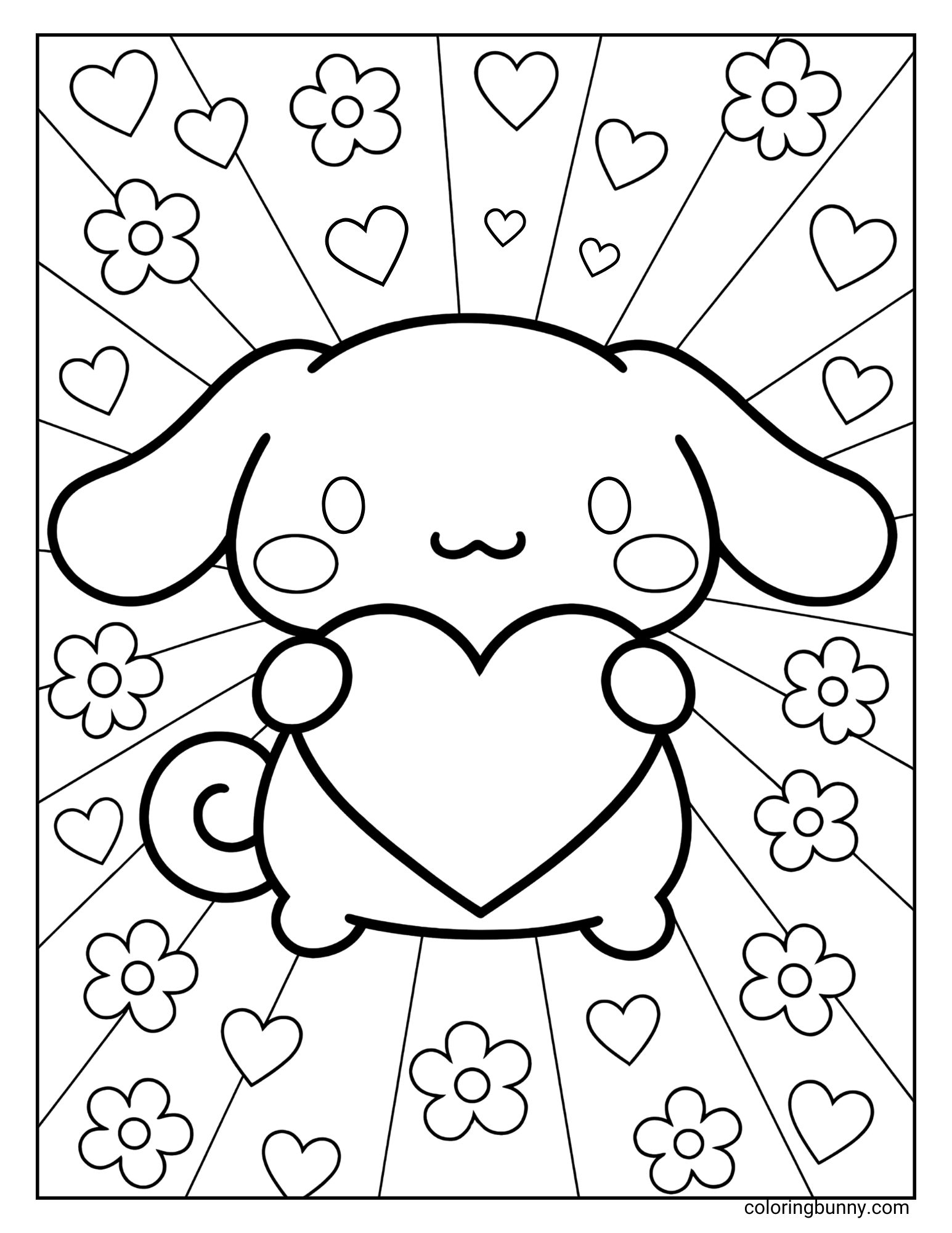 Cinnamoroll coloring page featuring the sweet puppy holding a large heart, surrounded by blooming flowers and floating hearts on a radiant background with sunbeam-like lines, perfect for a cheerful and loving design.