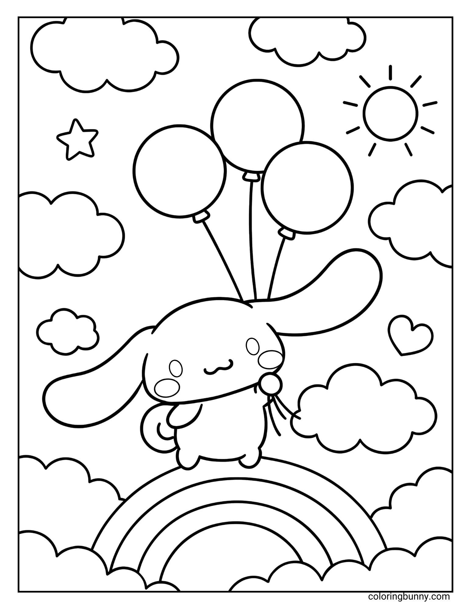 Cinnamoroll coloring page of Cinnamoroll floating in the sky, holding a bunch of balloons while standing on a rainbow.