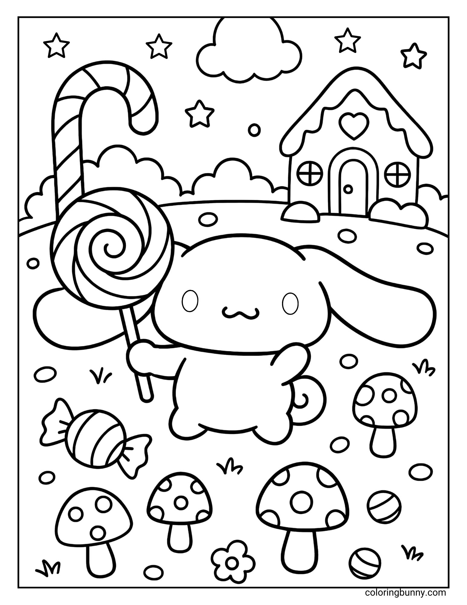 Coloring page of Cinnamoroll holding a giant lollipop, with a gingerbread house, candy cane, and mushrooms in a candy land.