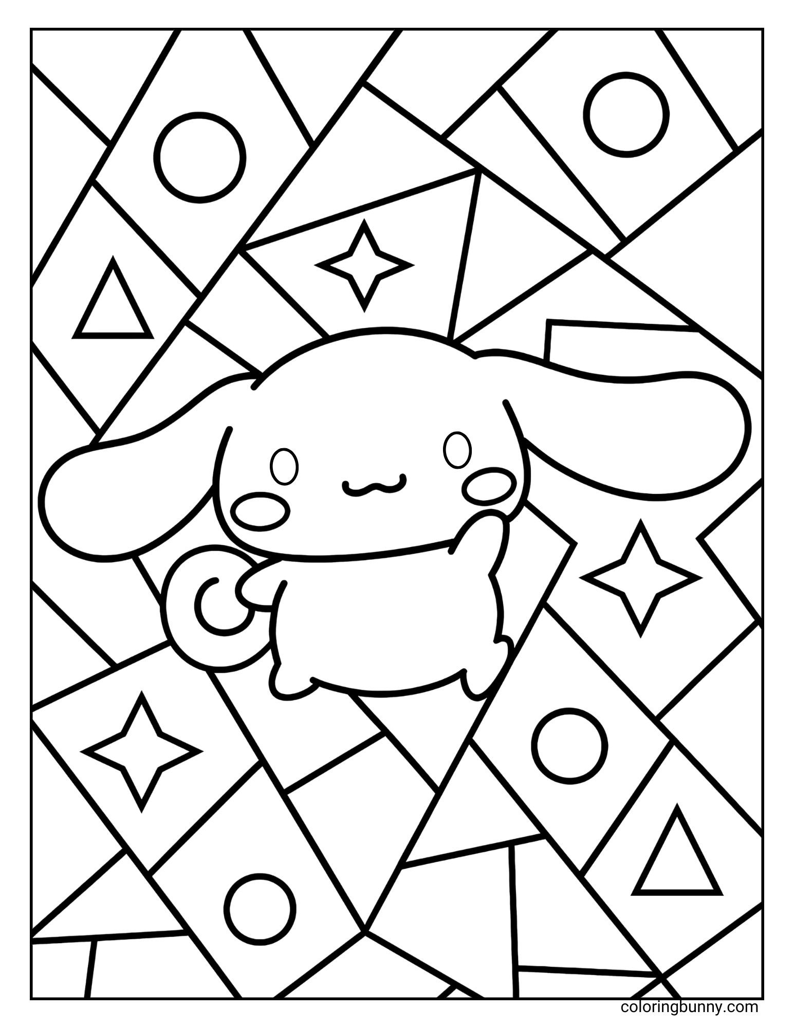 Cinnamoroll coloring page featuring the floppy-eared puppy character centered on a lively, abstract background filled with geometric shapes like stars, triangles, and circles, perfect for adding colorful, creative patterns.
