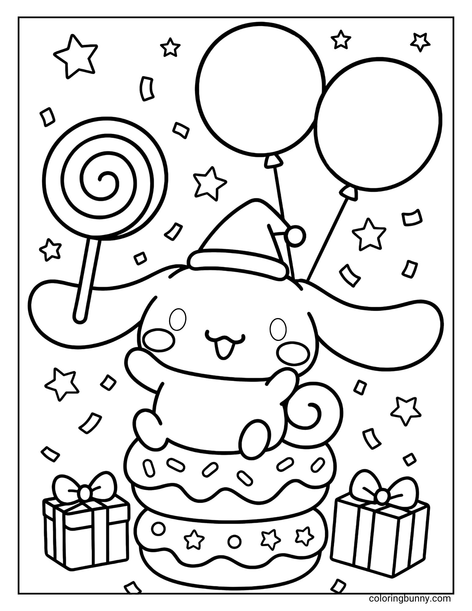 Fun coloring sheet of Cinnamoroll at a party sitting on donuts with balloons, candy, and gift boxes.