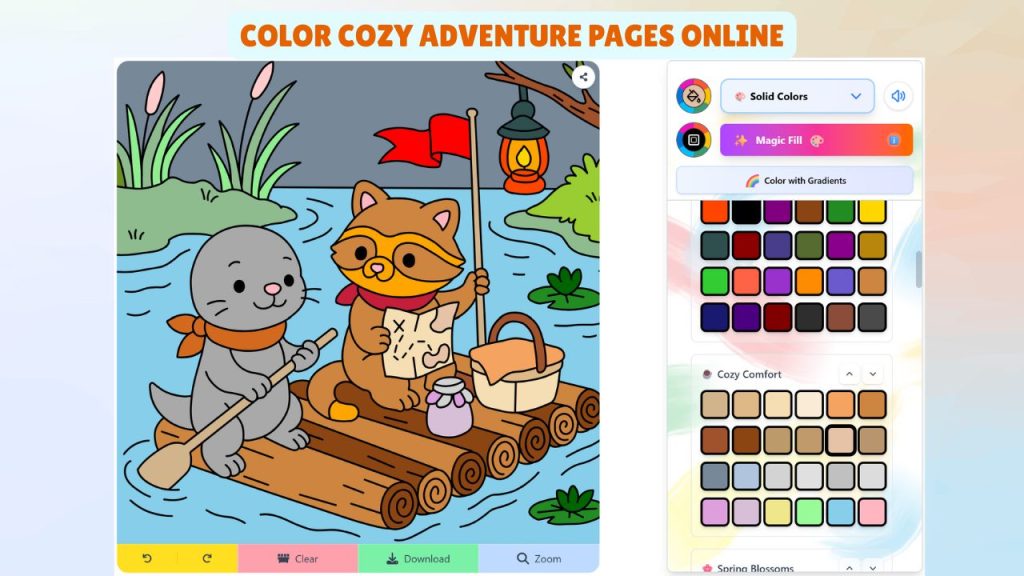 Color Hand-drawn Cozy Adventure Pages Online