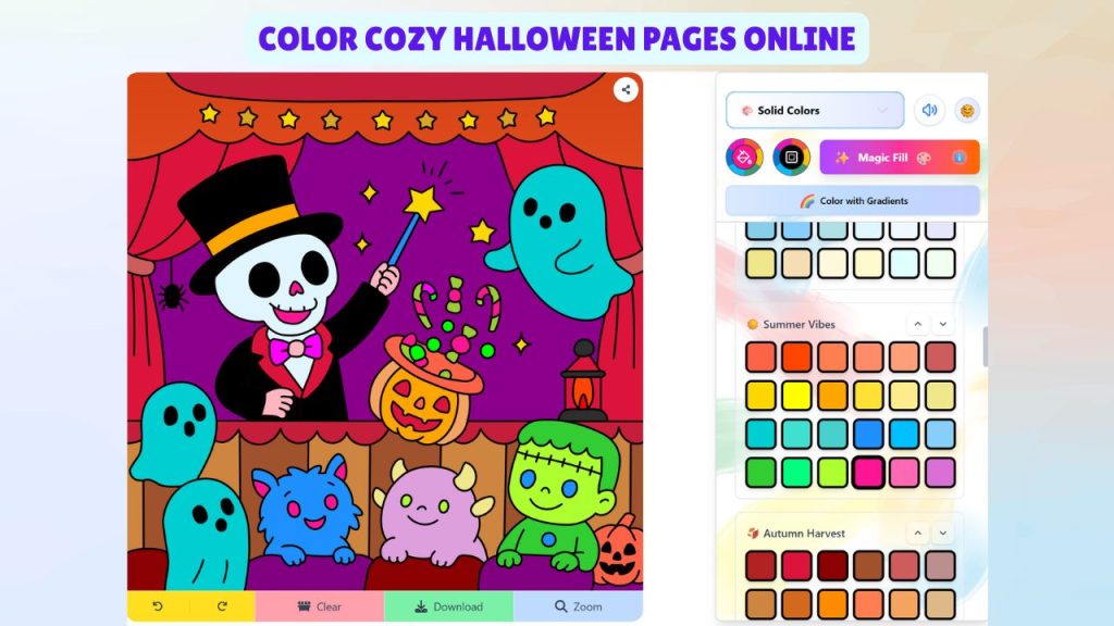 Color Hand-drawn Cozy Halloween Pages Online