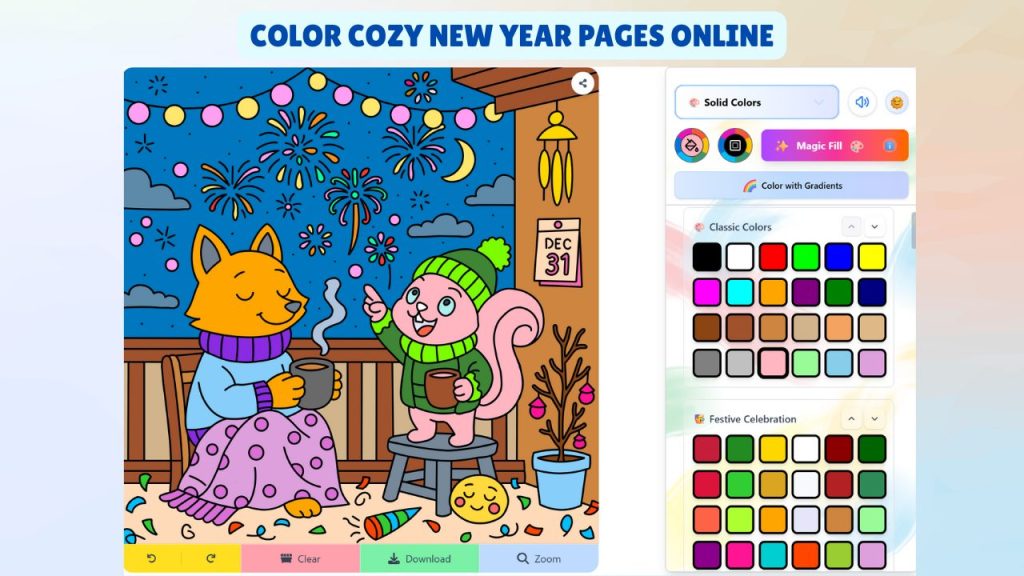 Color Hand-drawn Cozy New Year Pages Online