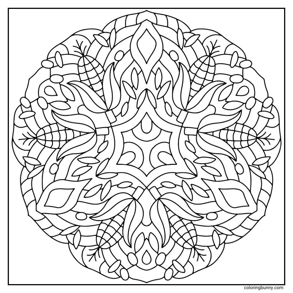 A hand-drawn fall mandala coloring page featuring detailed corn cobs, husks, and stalk patterns arranged in perfect symmetry. The layered agricultural elements capture the spirit of the fall harvest season, making it an ideal coloring page for farm and nature lovers.