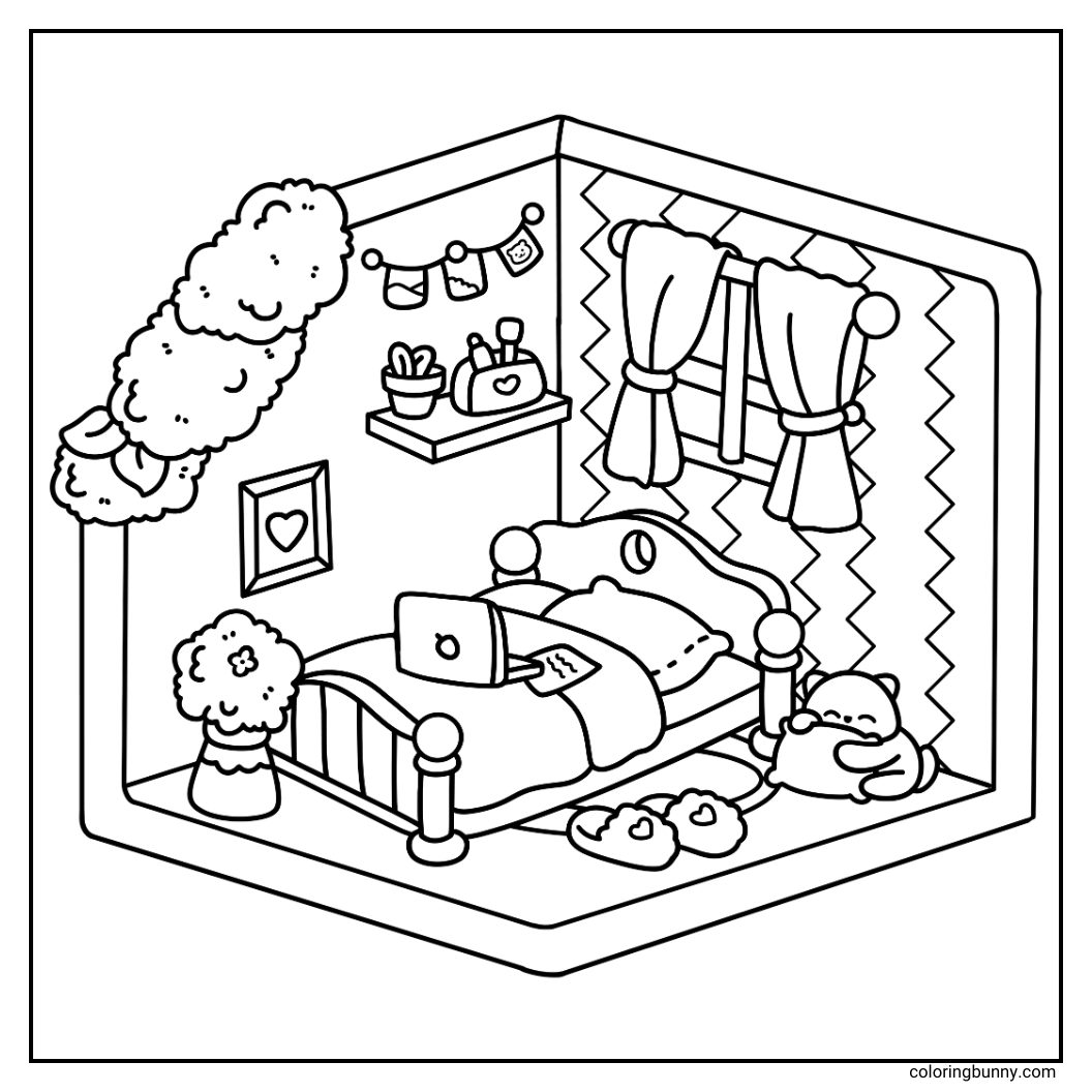 A hand-drawn cozy bedroom corner coloring page featuring a snug little scene. A cat hugs a pillow while sitting on the floor, with a laptop and open book resting on the bed nearby. Slippers add a homely touch, while zig-zag wallpaper, a heart-framed picture, and a string of polaroid photos decorate the walls. Potted plants complete the space, making it a warm and calming retreat.