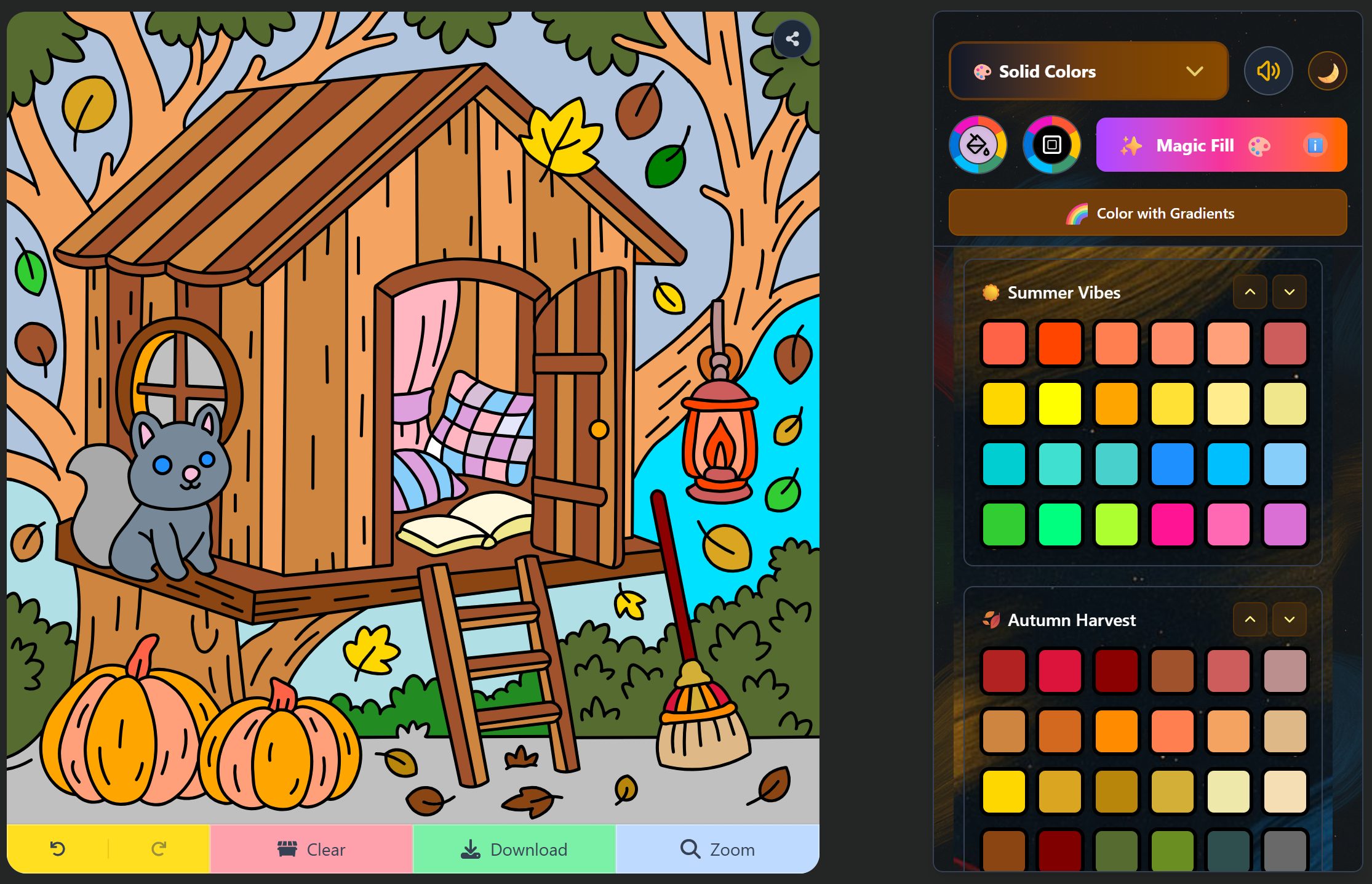 Cozy Cabin Coloring Page with the Night Mode Active on the Coloring Bunny Online Coloring Tool