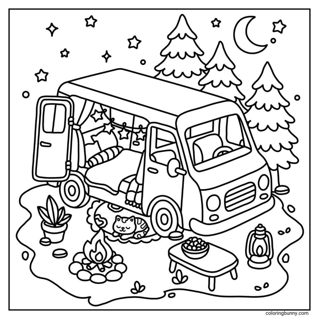 A hand-drawn cozy nights coloring page featuring a charming campervan with twinkling star-shaped fairy lights, set beneath a crescent moon and a sky full of stars. A cat naps peacefully outside by a glowing campfire, surrounded by sectioned trees, while a lantern casts a warm glow beside the van.