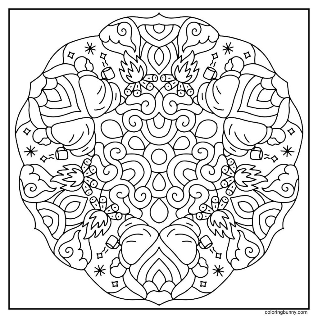 A warm and inviting hand-drawn mandala coloring page showcasing campfires surrounded by logs, and swirling smoke patterns with a person wrapped in a blanket drinking a warm drink. The design evokes autumn nights spent outdoors, perfect for coloring with rich, glowing hues.