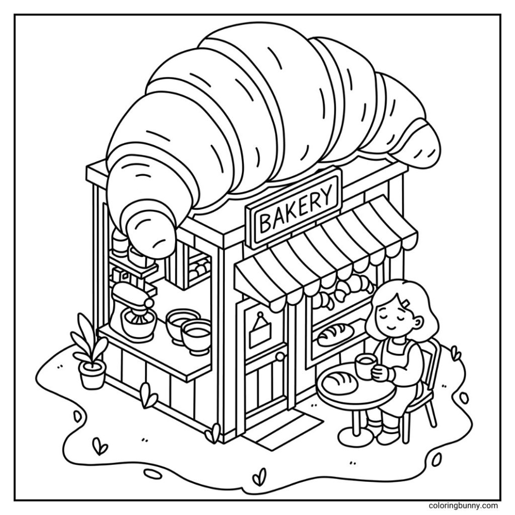 Hand-drawn cozy croissant bakery coloring page featuring a large croissant on the bakery roof. A girl enjoys coffee and a fresh loaf of bread outside. A stand mixer and mixing bowls are shown through the open side of the bakery.