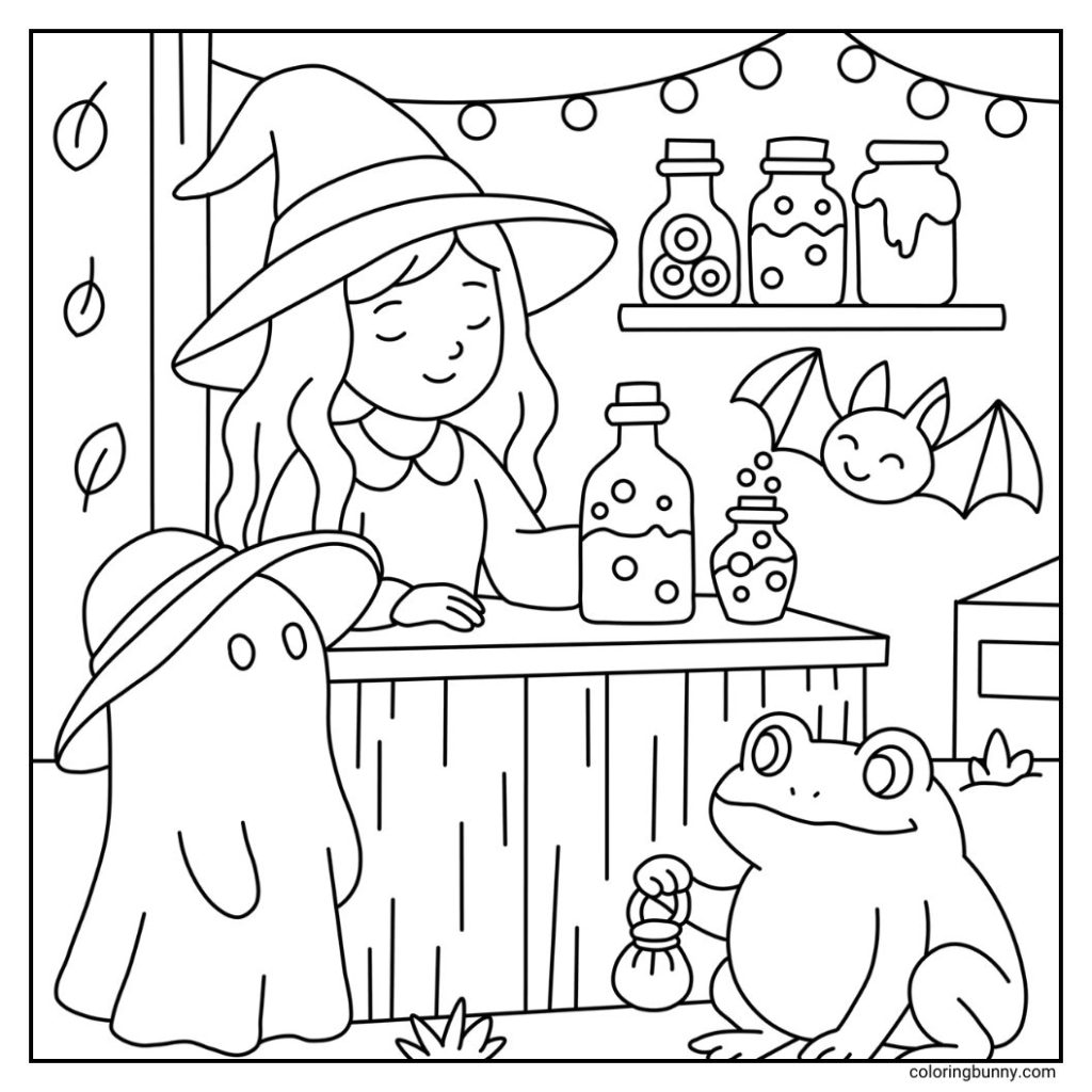 A hand-drawn cozy Halloween coloring page featuring a whimsical shop where a friendly witch sells potions to a frog, assisted by a helpful ghost. Shelves are lined with jars of Halloween goodies, while a cheerful bat flutters in the background. String lights and falling autumn leaves complete the festive, fall-inspired atmosphere.