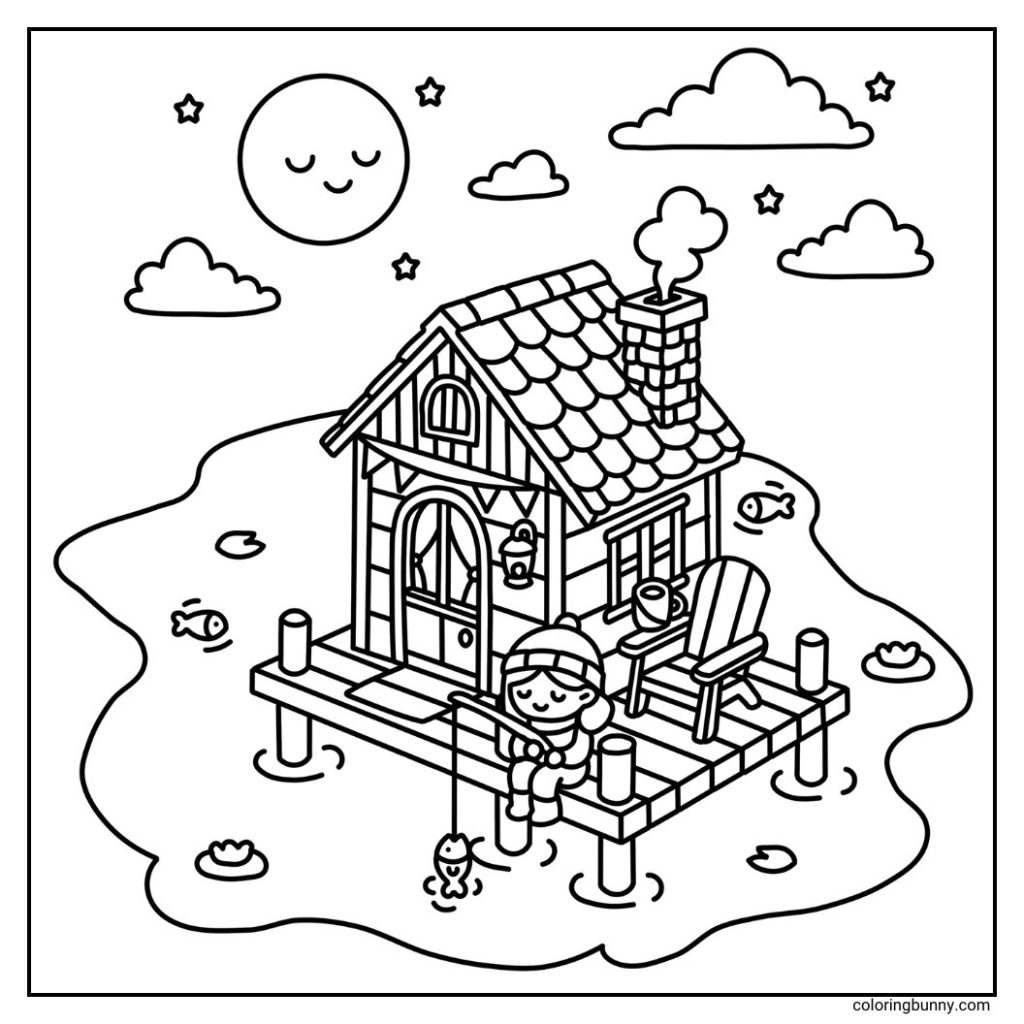 A hand-drawn cozy nights coloring page featuring a tranquil cabin by the lake, its front lantern casting a warm glow. A girl fishes peacefully from the water’s edge, where fish swim below, while a happy moon smiles among stars and clouds. The scene includes a wooden deck with a chair, perfect for soaking in the serene view.