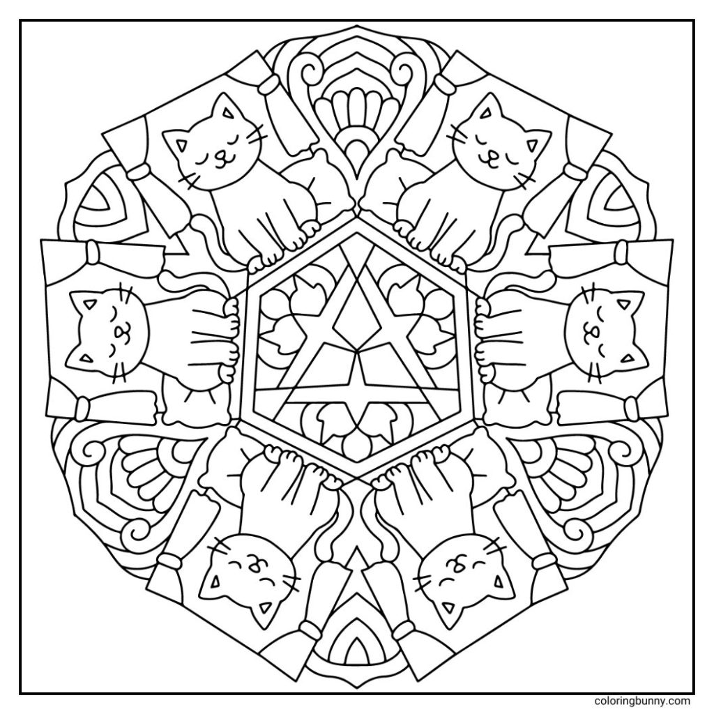 A playful hand-drawn animal mandala coloring page featuring cozy cats in a circular pattern. Each cat is illustrated with perked ears, sleepy eyes, and swishing tails, surrounded by cozy living room details. A charming design perfect for creative relaxation with soft or vibrant color palettes.