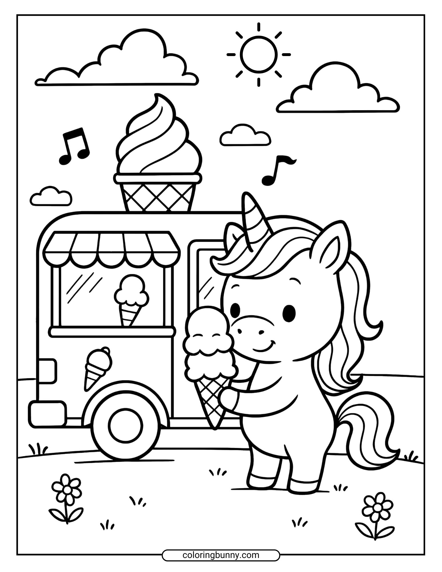 Cute baby unicorn coloring page of a unicorn holding a large ice cream cone in front of an ice cream truck, with clouds, flowers, and music notes creating a cheerful summer vibe.