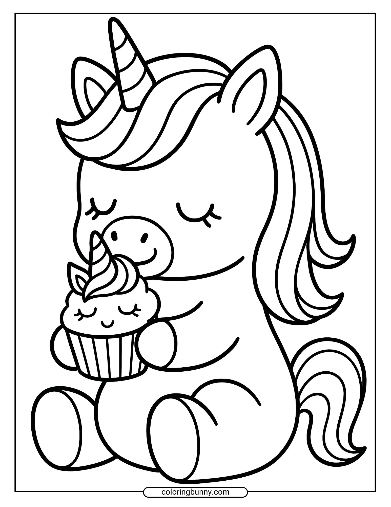 Chubby baby unicorn coloring page with a smiling unicorn holding a unicorn-themed cupcake, complete with swirled frosting and tiny ears, making it a perfect design for those who love cute and dessert-inspired unicorn art.